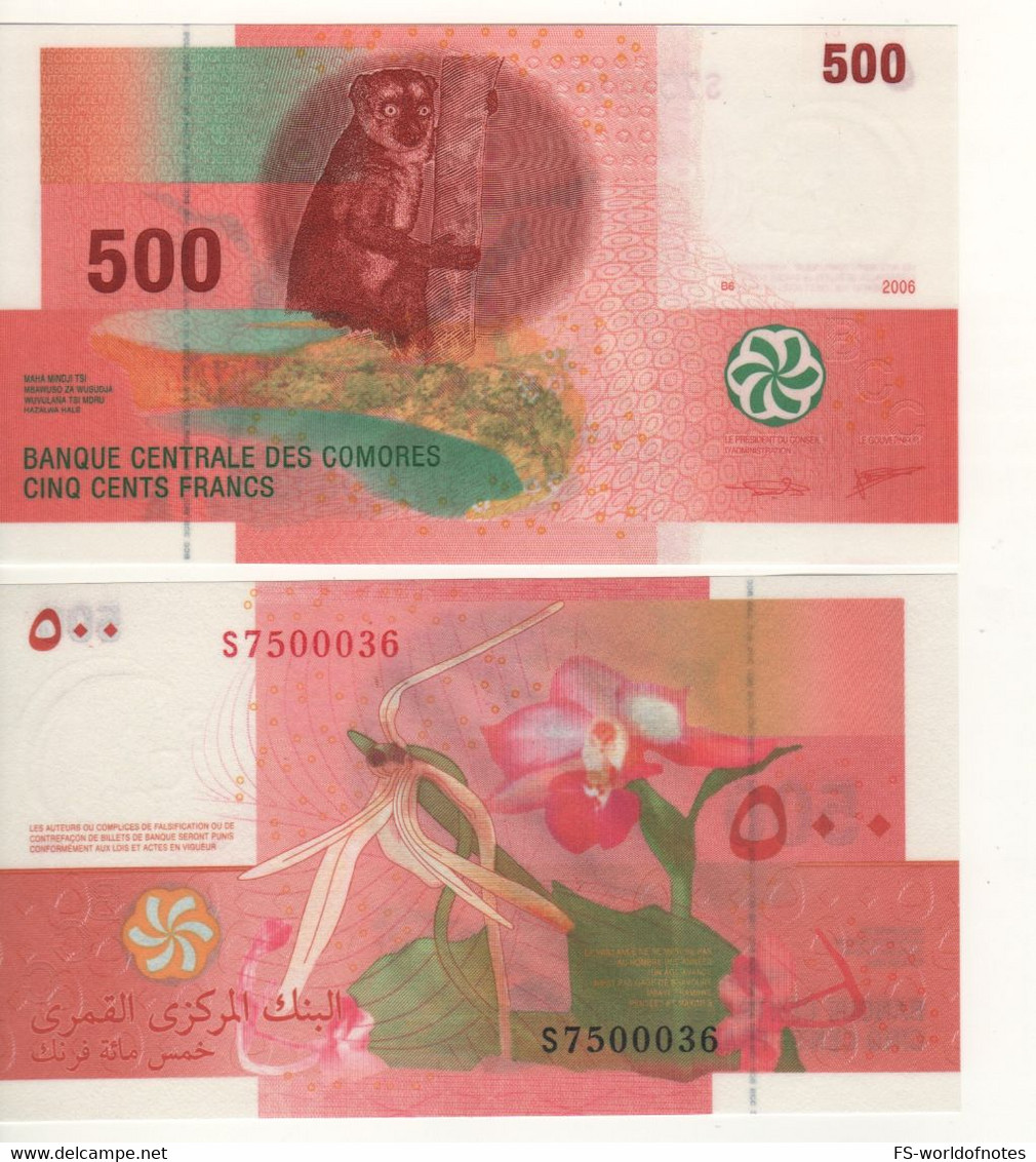 COMOROS  Nuovo 500 Francs  P15c ( Dated 2006  Issued 2020 New Signature " Lemur On Front + Orchid At Back" )    UNC - Komoren