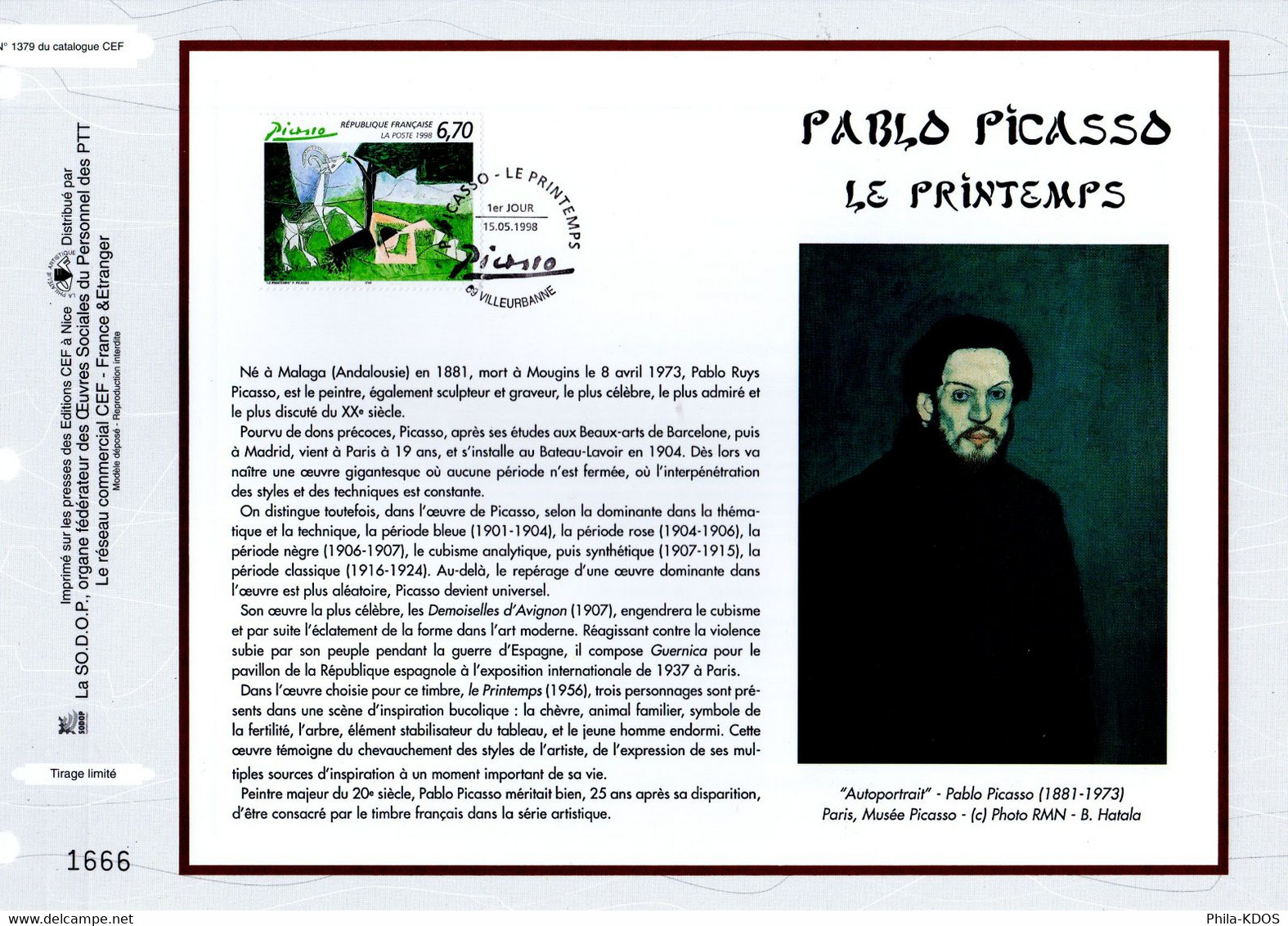 &#127912; " LE PRINTEMPS De PABLO PICASSO " Sur Feuillet CEF 1er Jour N°té  De 1998. N° YT 3162. Parfait état FDC - Picasso