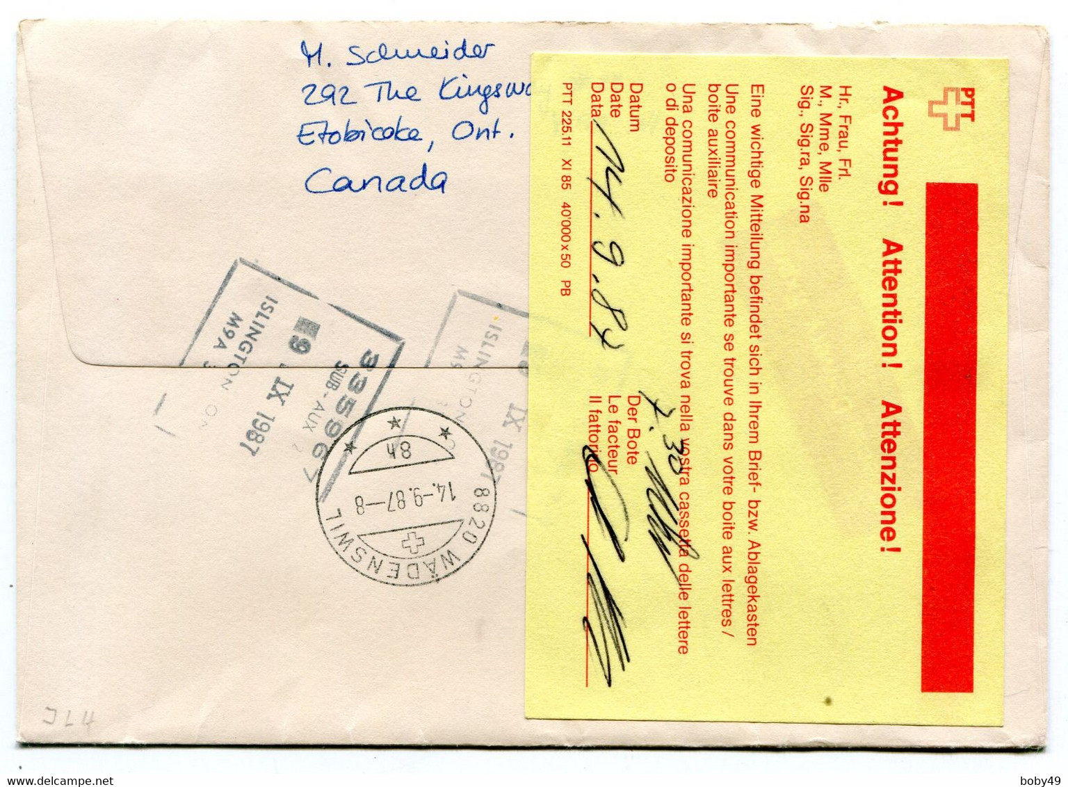 Env. Du 9/09/1987 Pour LA SUISSE Paypal Not Accept - Luftpost-Express