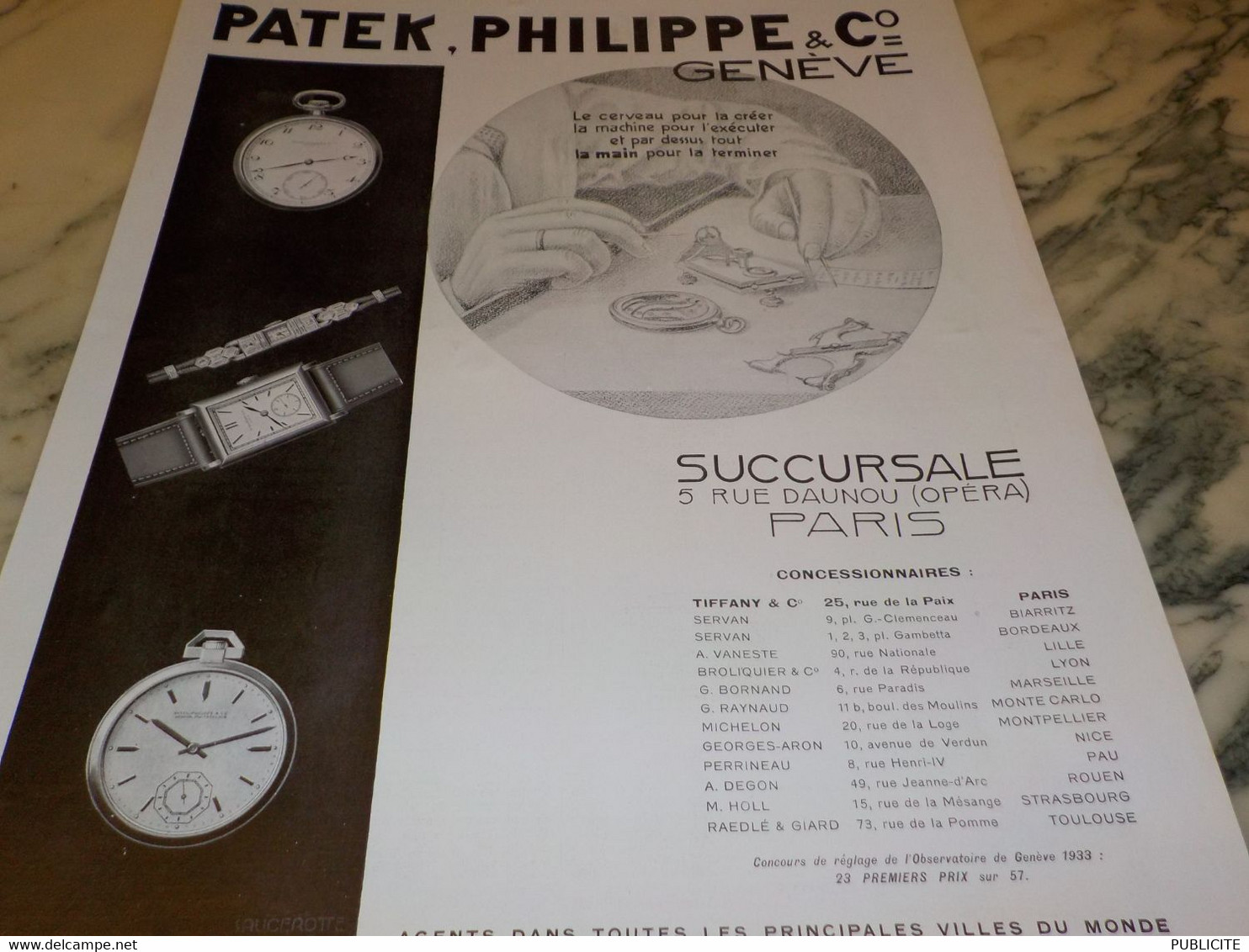 ANCIENNE PUBLICITE  MONTRE PATEK PHILIPPE 1933 - Autres & Non Classés