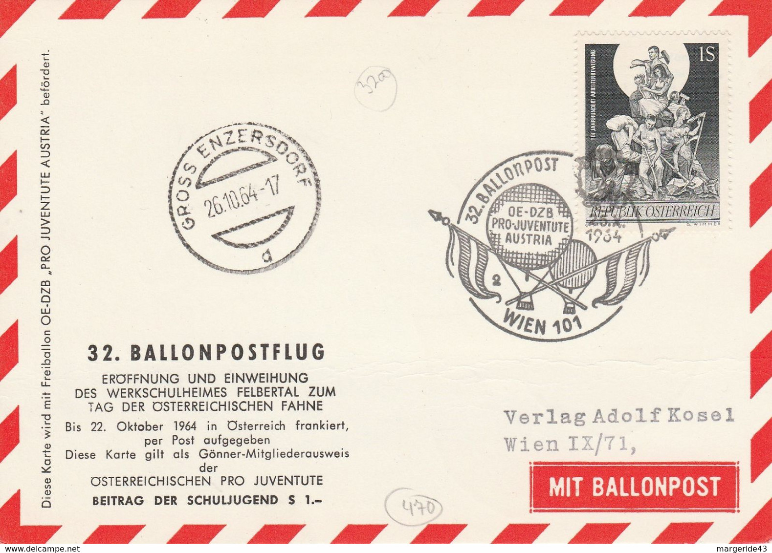 AUTRICHE LETTRE PAR BALLON OE-DZB PRO-JUVENTUTE AUSTRIA 1964 - Balloon Covers