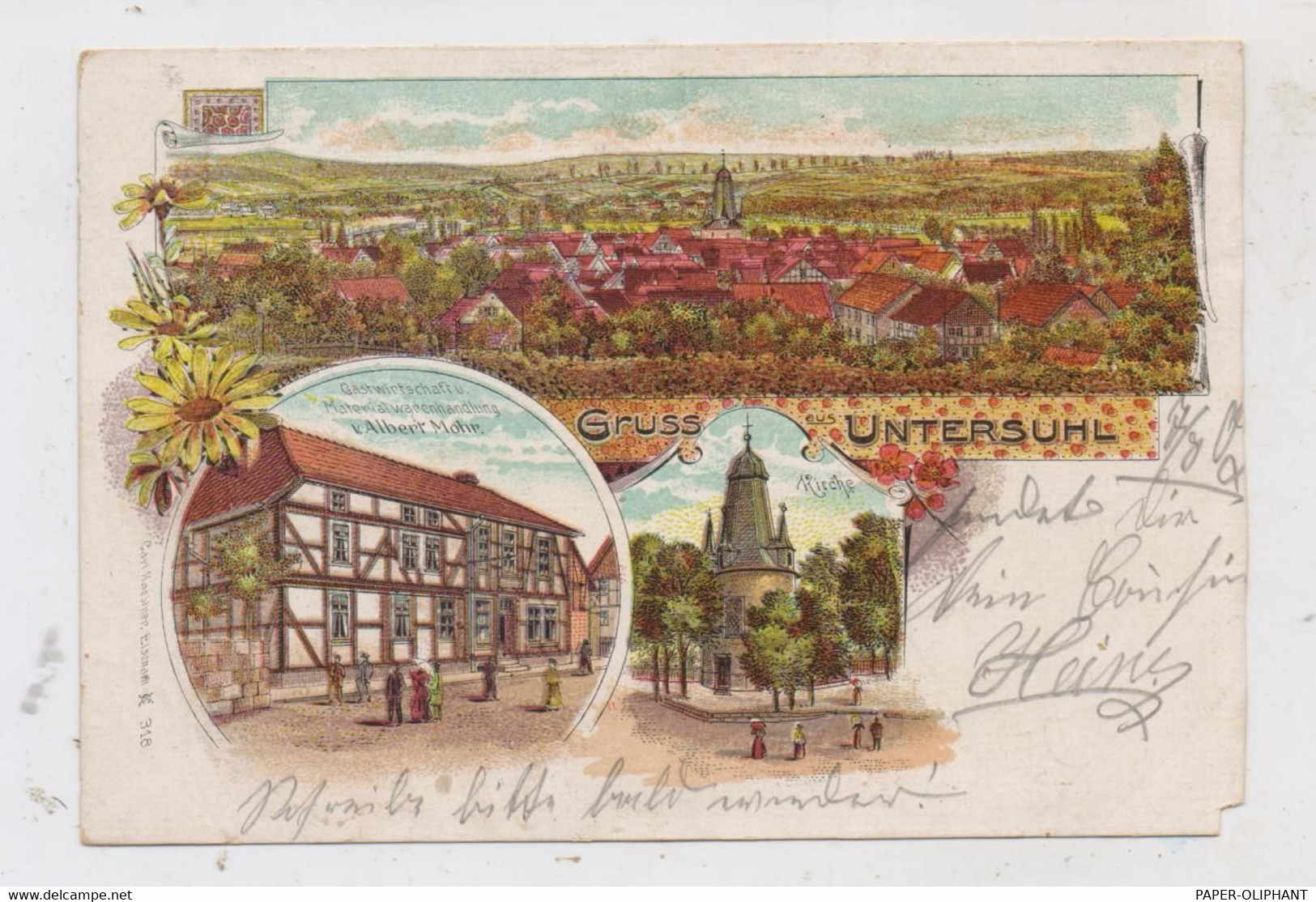 0 - 5904 GERSTUNGEN - UNTERSUHL, Lithographie, Gastwirtschaft Mohr, Kirche, Gesamtansicht, Eckfehler - Bad Salzungen