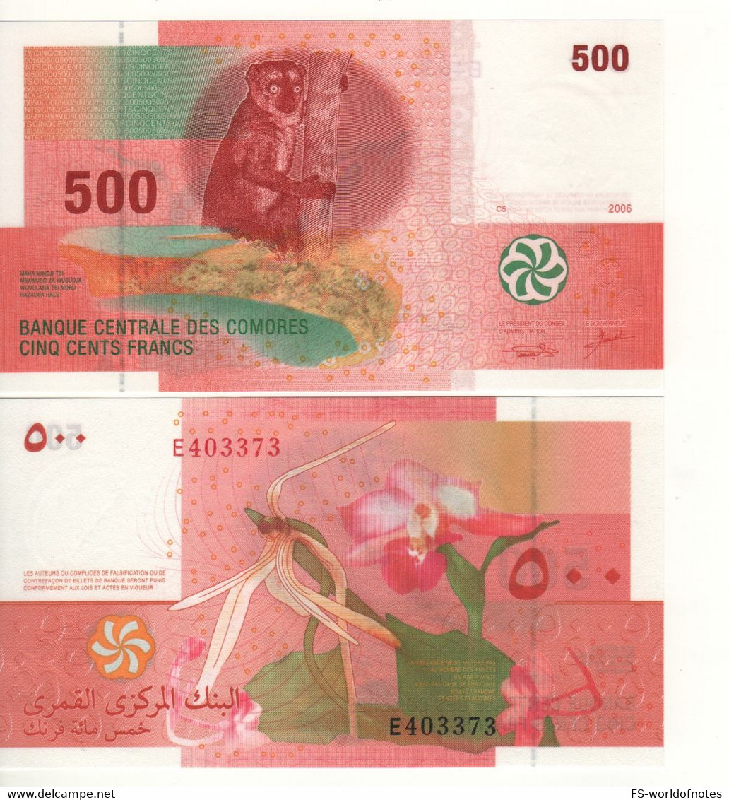 COMOROS   500 Francs  P15a    Dated 2006   1st Signature       " Lemur On Front +  Orchid At Back"     UNC - Comoren