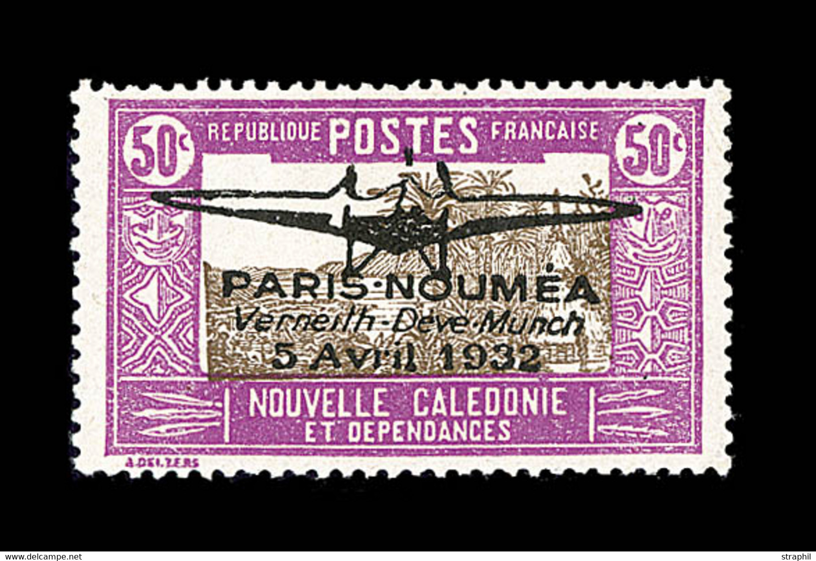 * NOUVELLE CALEDONIE / POSTE AERIENNE - * - N°2 - 50c Lilas Et Brun - Signé Calves - TB - Vide