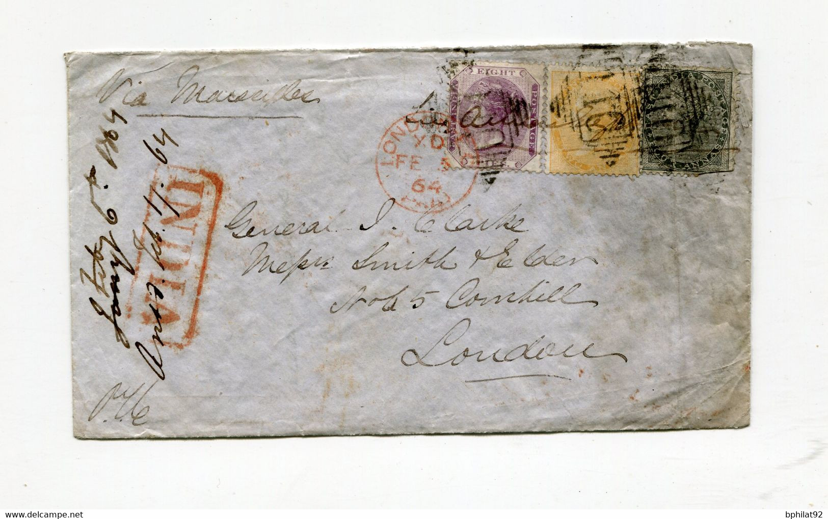 !!! INDE ANGLAISE, LETTRE DE 1864 POUR LONDRES, AFFRANCH TRICOLORE. ARCHIVE CLARKE - 1858-79 Compagnie Des Indes & Gouvernement De La Reine