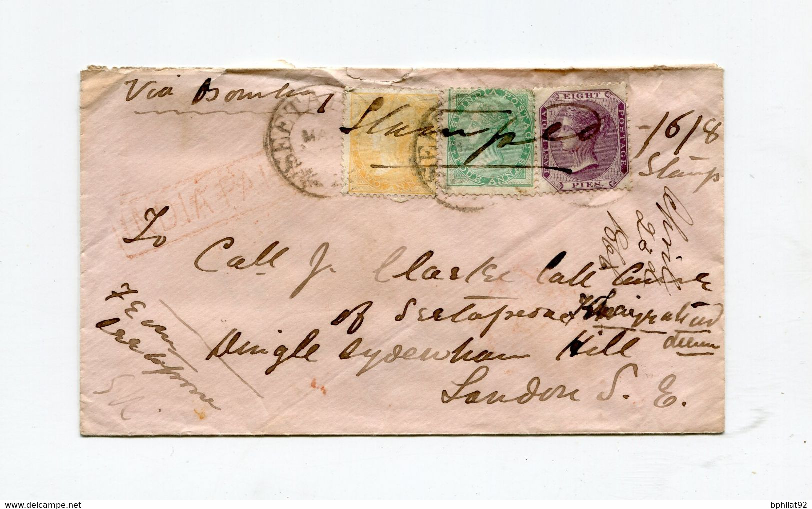 !!! INDE ANGLAISE, LETTRE DE SHAJEHANPORE DE 1865 POUR LONDRES, AFFRANCH TRICOLORE. ARCHIVE CLARKE - 1858-79 Crown Colony