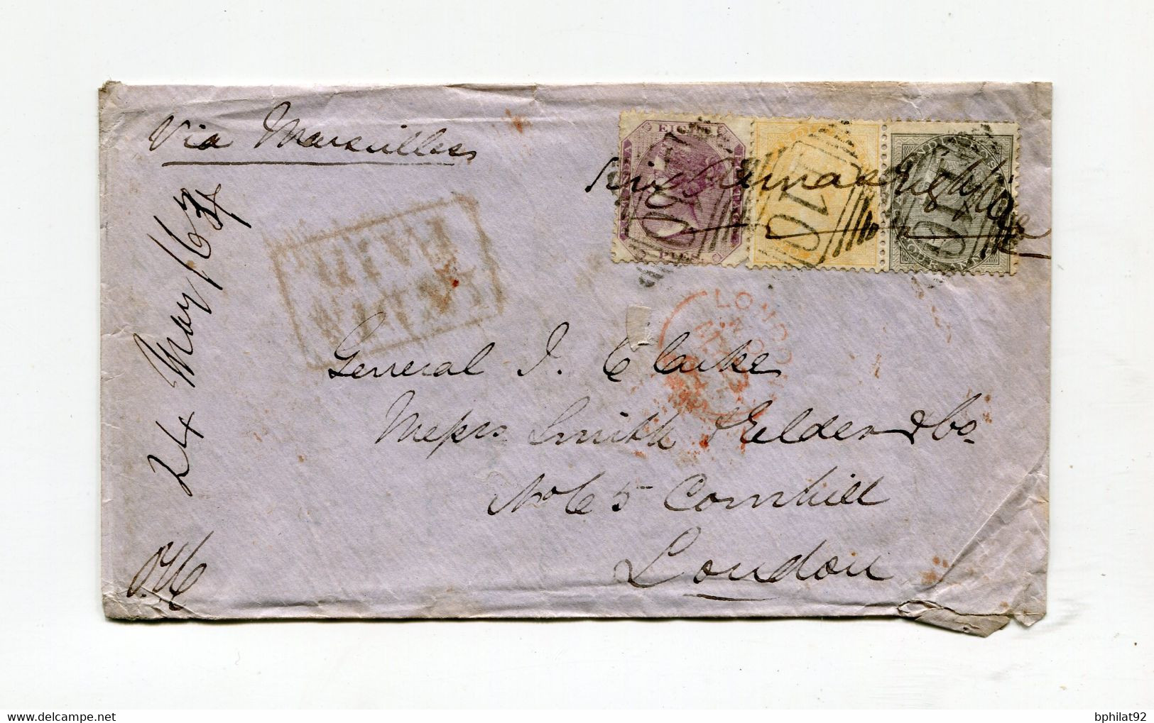 !!! INDE ANGLAISE, LETTRE DE 1864 POUR LONDRES, AFFRANCH TRICOLORE. ARCHIVE CLARKE - 1858-79 Kolonie Van De Kroon