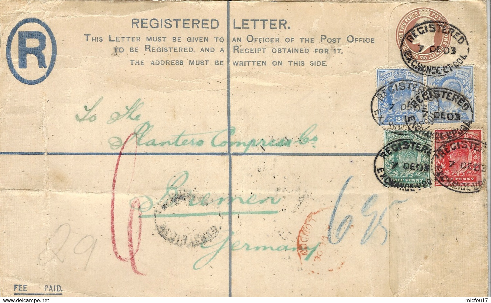 1903- REG. LETTER  E P  2 Pence + 1 Penny  + Compl. 6,5 Pence To Germany   Canc.  REG. EXCHANGE L'POOL - Lettres & Documents