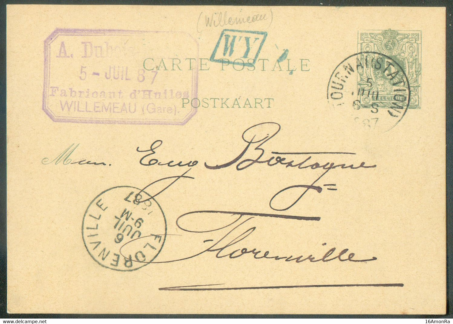 E.P. Carte 5 Centimes Vert Obl. Sc TOURNAI (STATION)  Du 5 Juillet 1887 + Boîte Rurale Hexagonale WY De WILLEMEAU Vers F - Briefkaarten 1871-1909