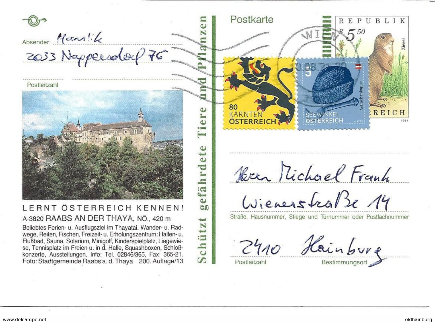 1890p: Österreich 2021, Ganzsachen- Aufbrauch Alte Bildpostkarte 3820 Raabs Noch In Schilling- Währung überklebt - Raabs An Der Thaya