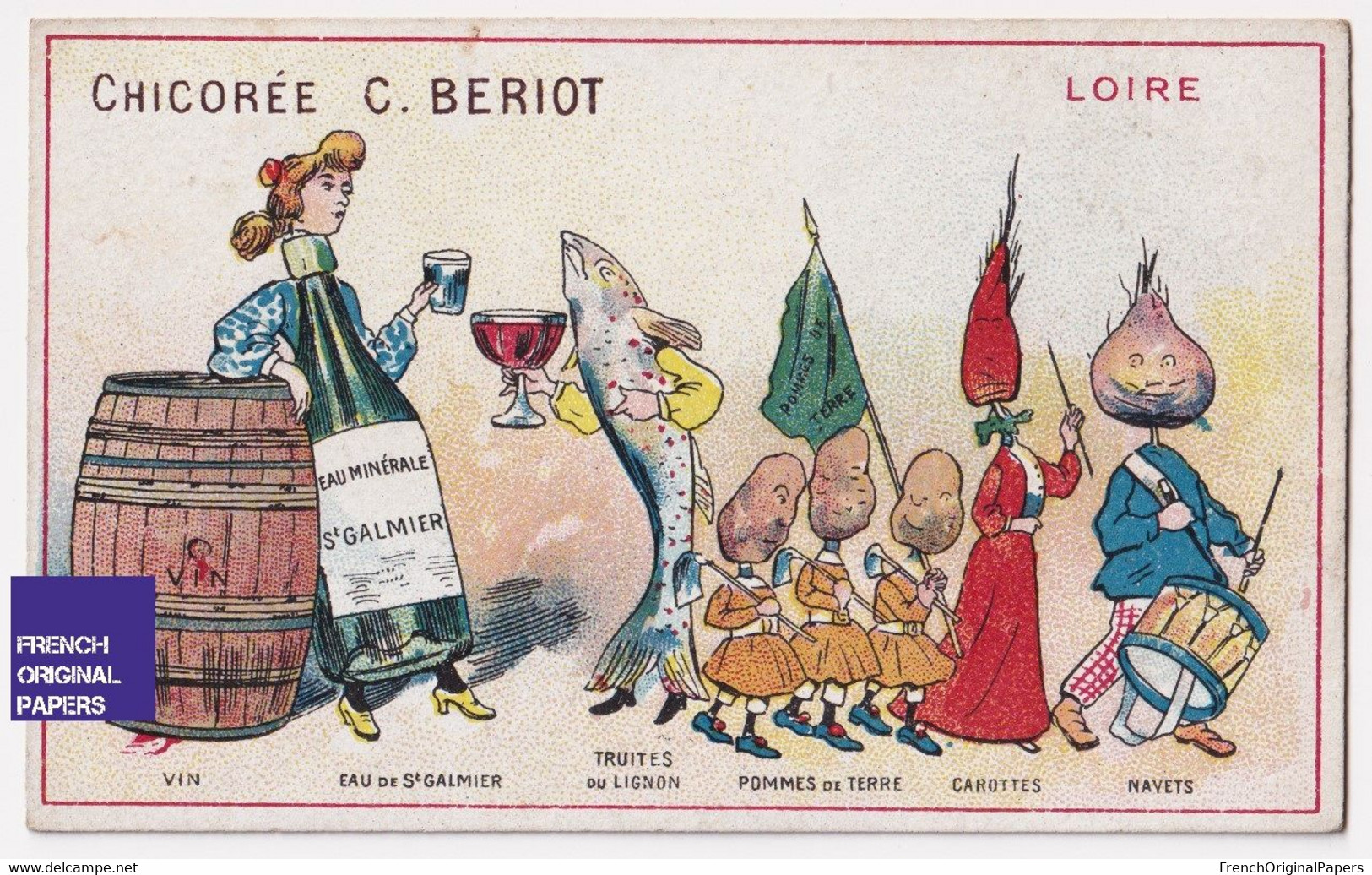 Anthropomorphisme Chromo Bériot Loire Vin Eau Minérale St Galmier Truites De Lignon Navet Carrotte Pommes Terre A62-52 - Tea & Coffee Manufacturers