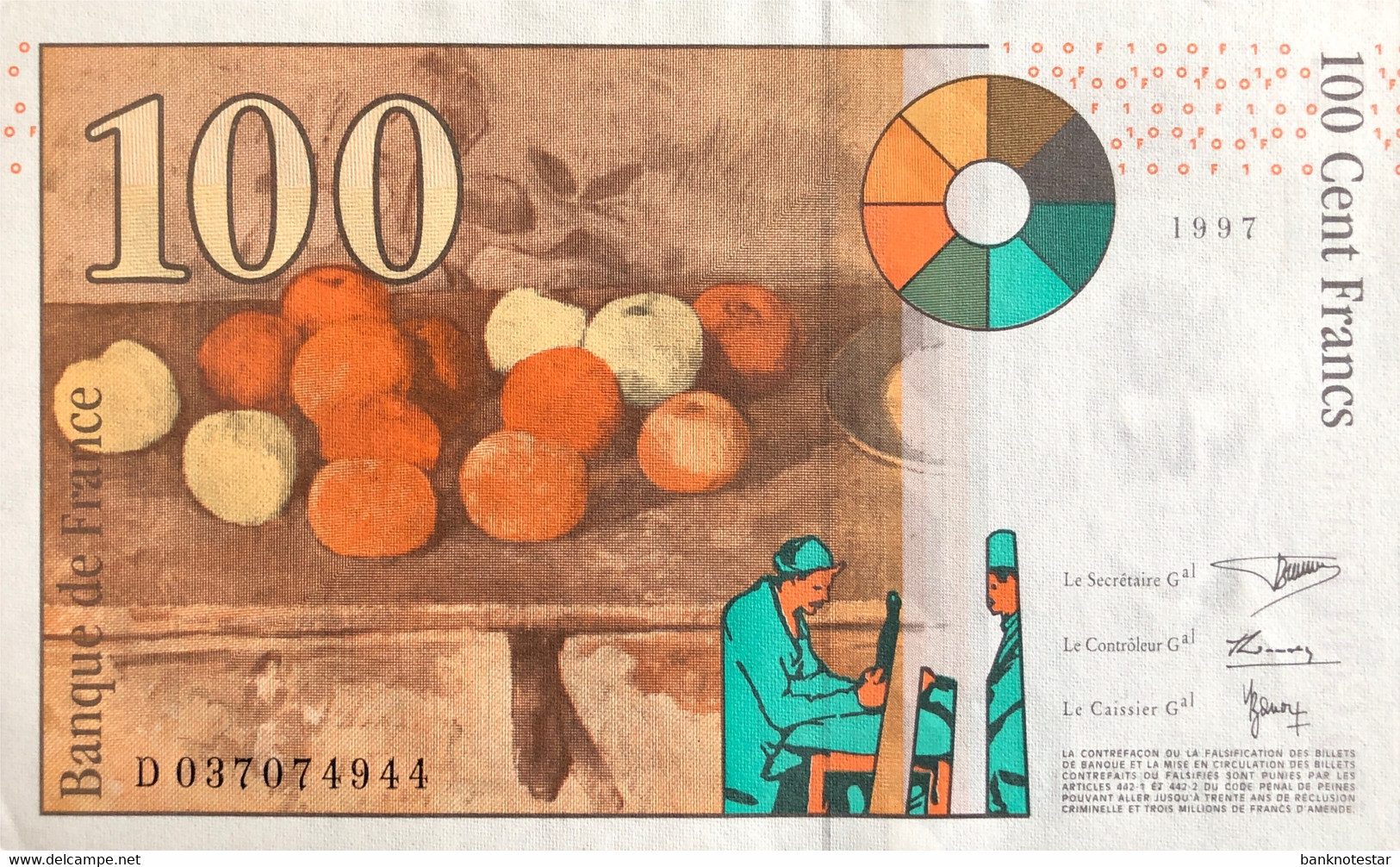 France 100 Francs, P-158 (1997) - About Uncirculated - 100 F 1997-1998 ''Cézanne''