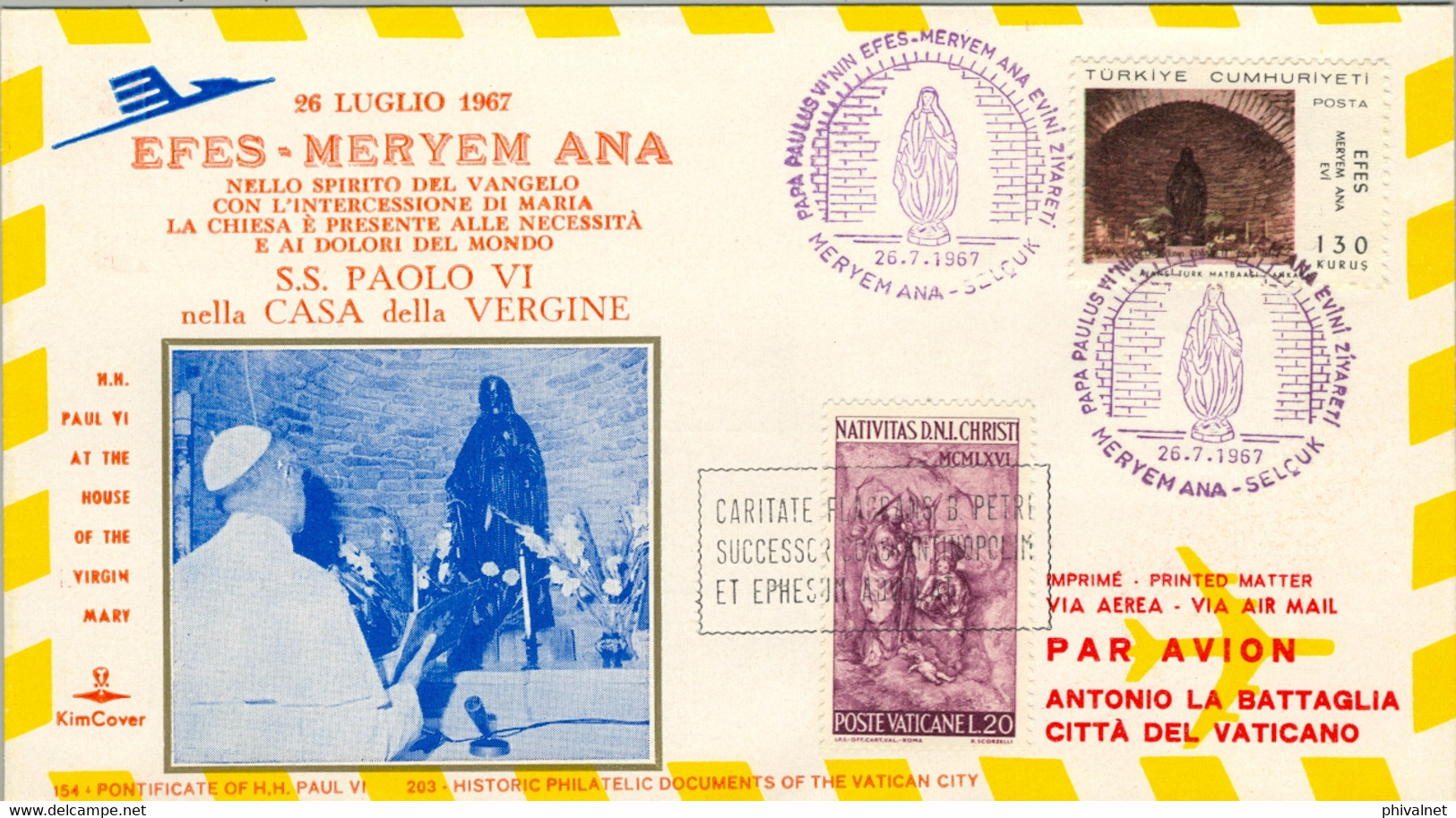 1967 VATICANO , SOBRE CONMEMORATIVO , EFES - MERYEM ANA , TURQUIA , PONTIFICADO DE PABLO VI , CORREO AÉREO - Covers & Documents