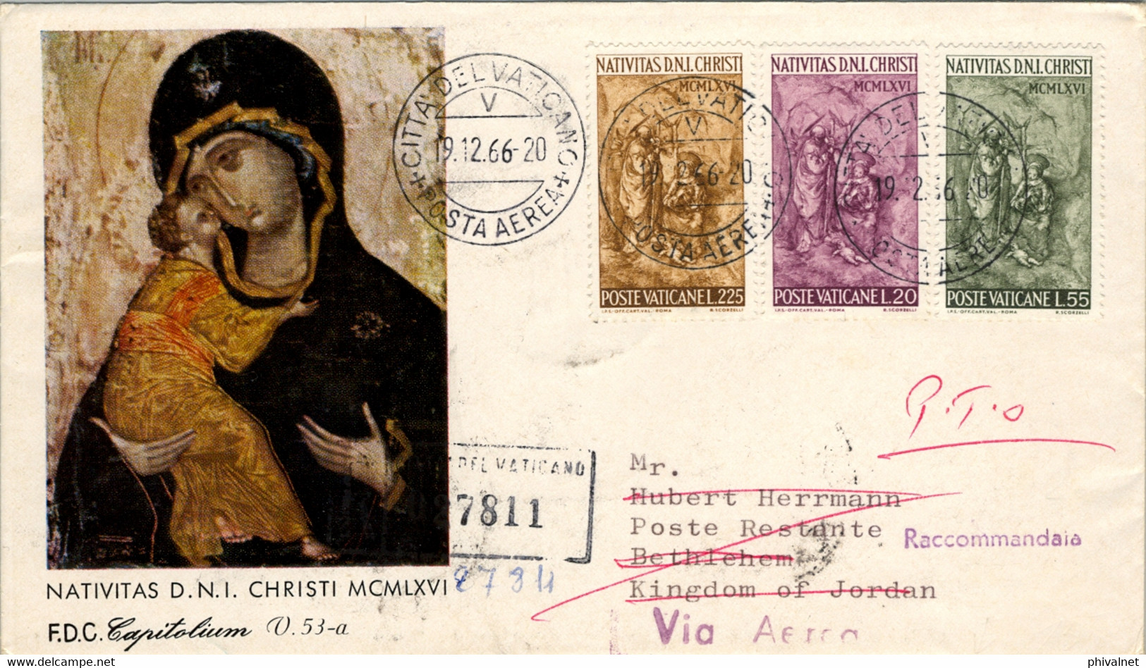 1966 VATICANO , CERTIFICADO A BETHLEHEM , NAVIDAD , AL DORSO SELLOS DE JORDANIA , AMMAN , JERUSALEM , CHRISTMAS - Brieven En Documenten