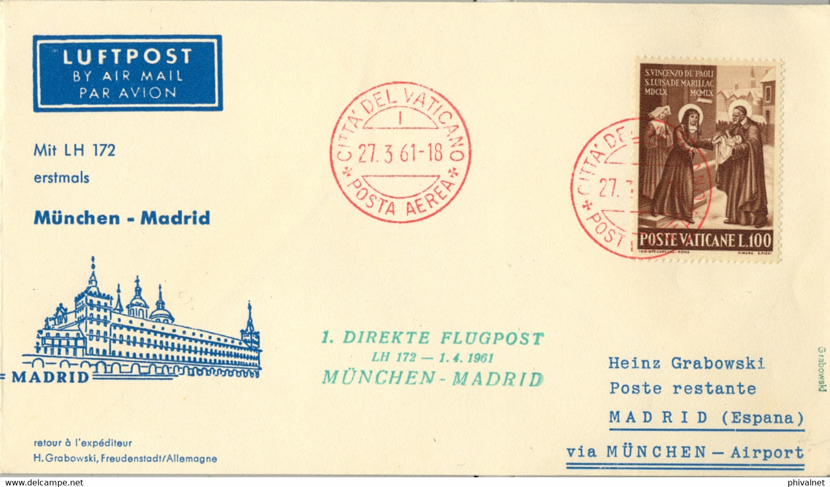 1961 VATICANO , CORREO AÉREO , DIREKTE FLUGPOST MÜNCHEN - MADRID , LLEGADA LISTA / MADRID / SEC. MAÑANA - Storia Postale