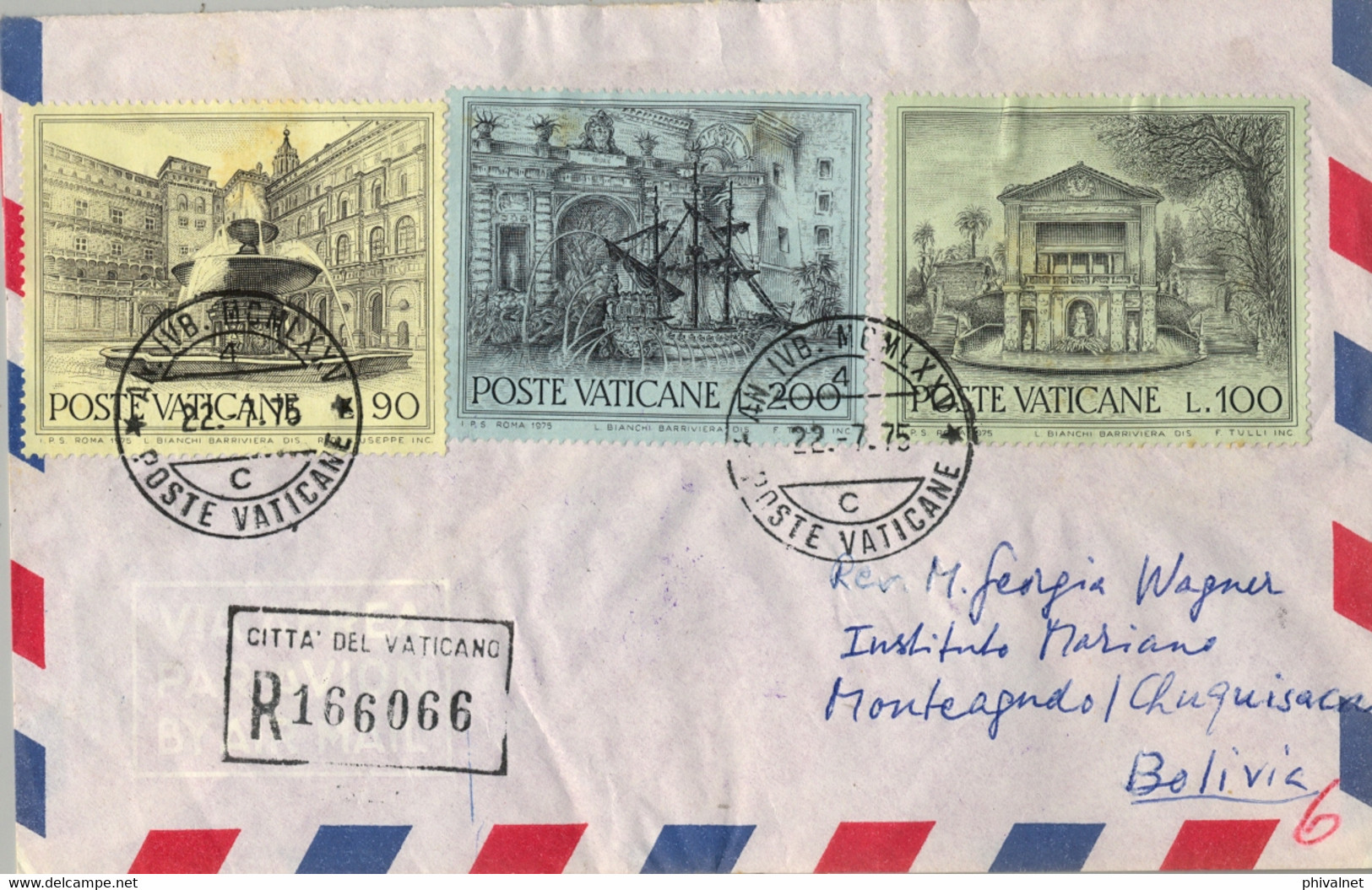 1975 VATICANO , CORREO AÉREO , CERTIFICADO A CHUQUISACA ( BOLIVIA ) , LLEGADA , EN SUCRE MARCA DE LLEGADA SOBRE ABIERTO - Cartas & Documentos