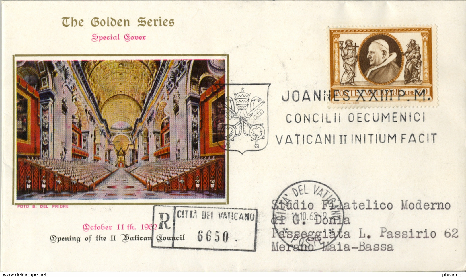 1962 VATICANO , SOBRE CERTIFICADO A MERANO , LLEGADA , THE GOLDEN SERIES , JOANNES XXIII - Storia Postale