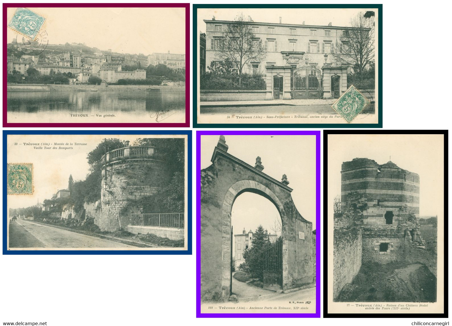 5 Cp - TREVOUX - Ancienne Porte Sous Préfecture Tribunal Vieille Tour Vue Générale Ruines Château Féodal - 1907 - Trévoux