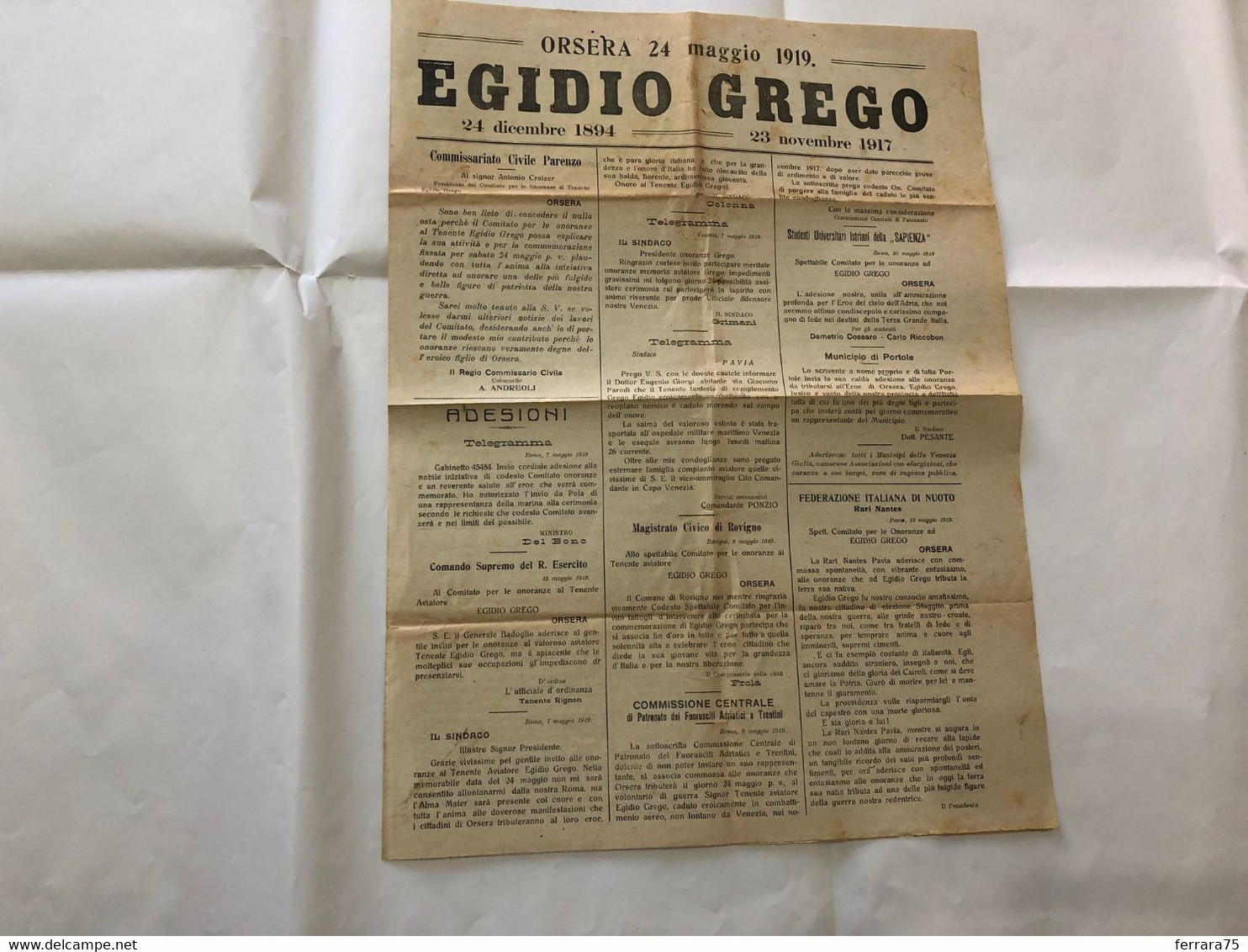 WW1 EGIDIO GREGO TEN. AVIATORE MANIFESTO GIORNALE FUNERALE  ORSERA ISTRIA 1919 4 MEDAGLIE AL VALORE - Weltkrieg 1914-18