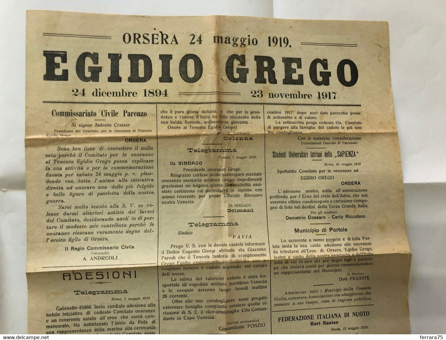 WW1 EGIDIO GREGO TEN. AVIATORE MANIFESTO GIORNALE FUNERALE  ORSERA ISTRIA 1919 4 MEDAGLIE AL VALORE - Guerre 1914-18