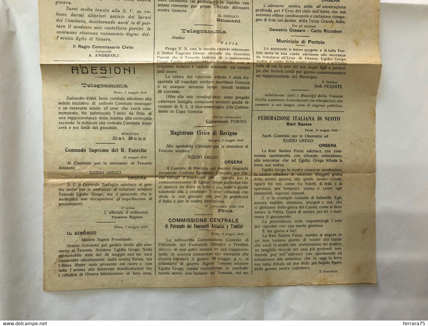 WW1 EGIDIO GREGO TEN. AVIATORE MANIFESTO GIORNALE FUNERALE  ORSERA ISTRIA 1919 4 MEDAGLIE AL VALORE - War 1914-18