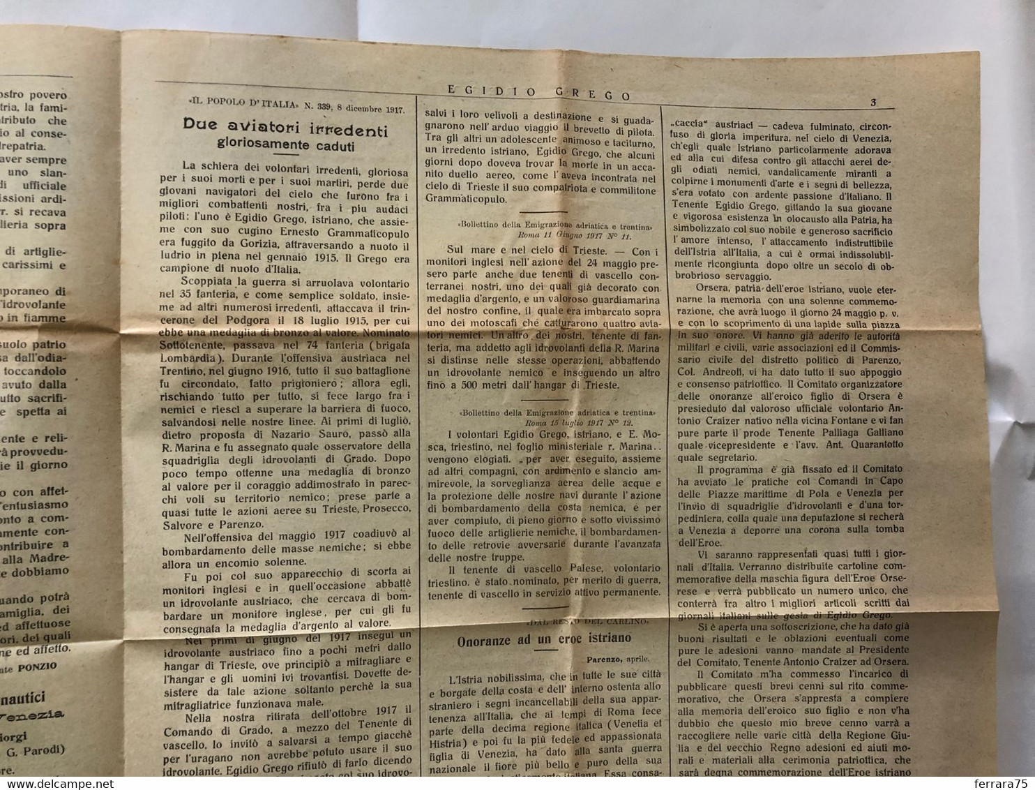 WW1 EGIDIO GREGO TEN. AVIATORE MANIFESTO GIORNALE FUNERALE  ORSERA ISTRIA 1919 4 MEDAGLIE AL VALORE