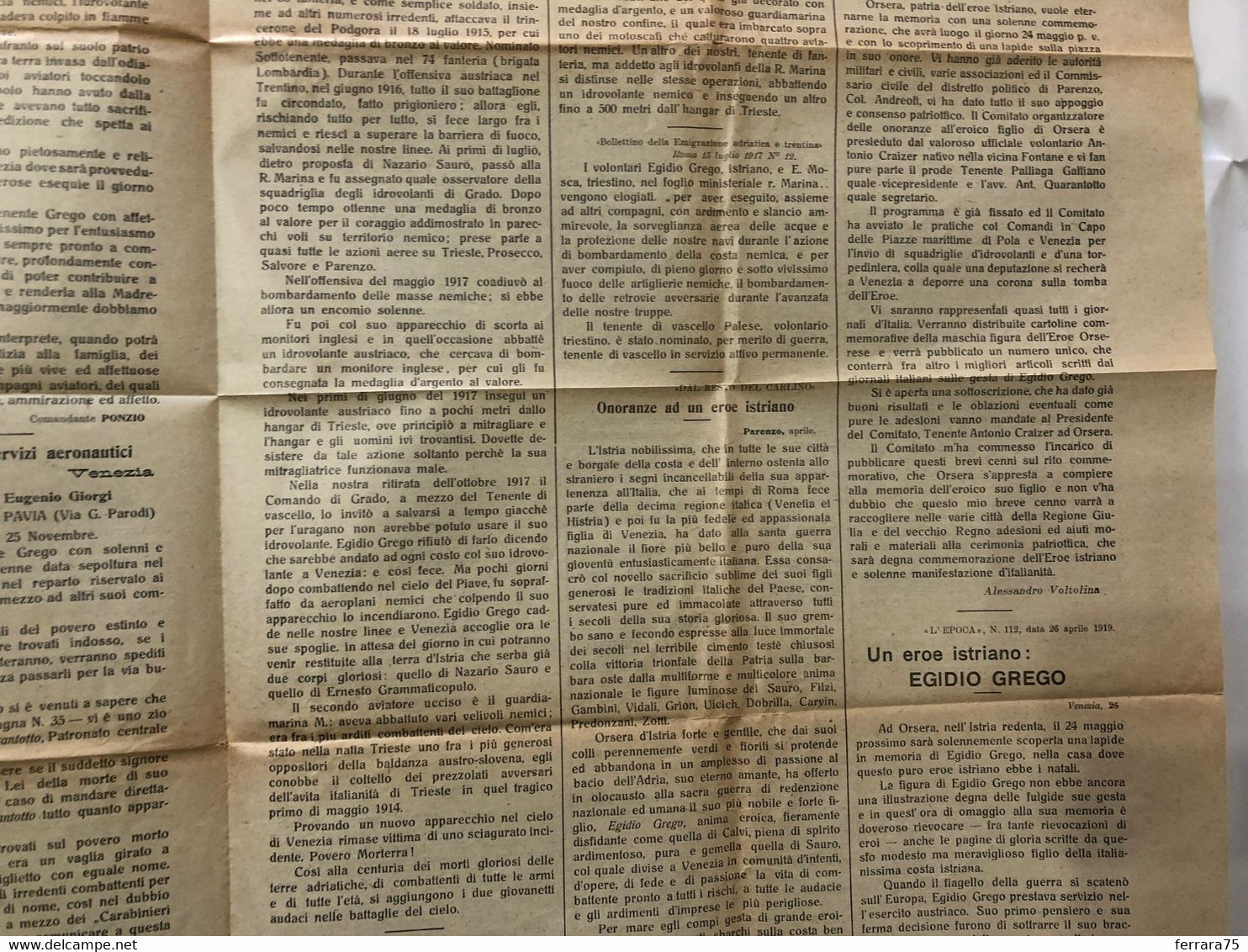 WW1 EGIDIO GREGO TEN. AVIATORE MANIFESTO GIORNALE FUNERALE  ORSERA ISTRIA 1919 4 MEDAGLIE AL VALORE