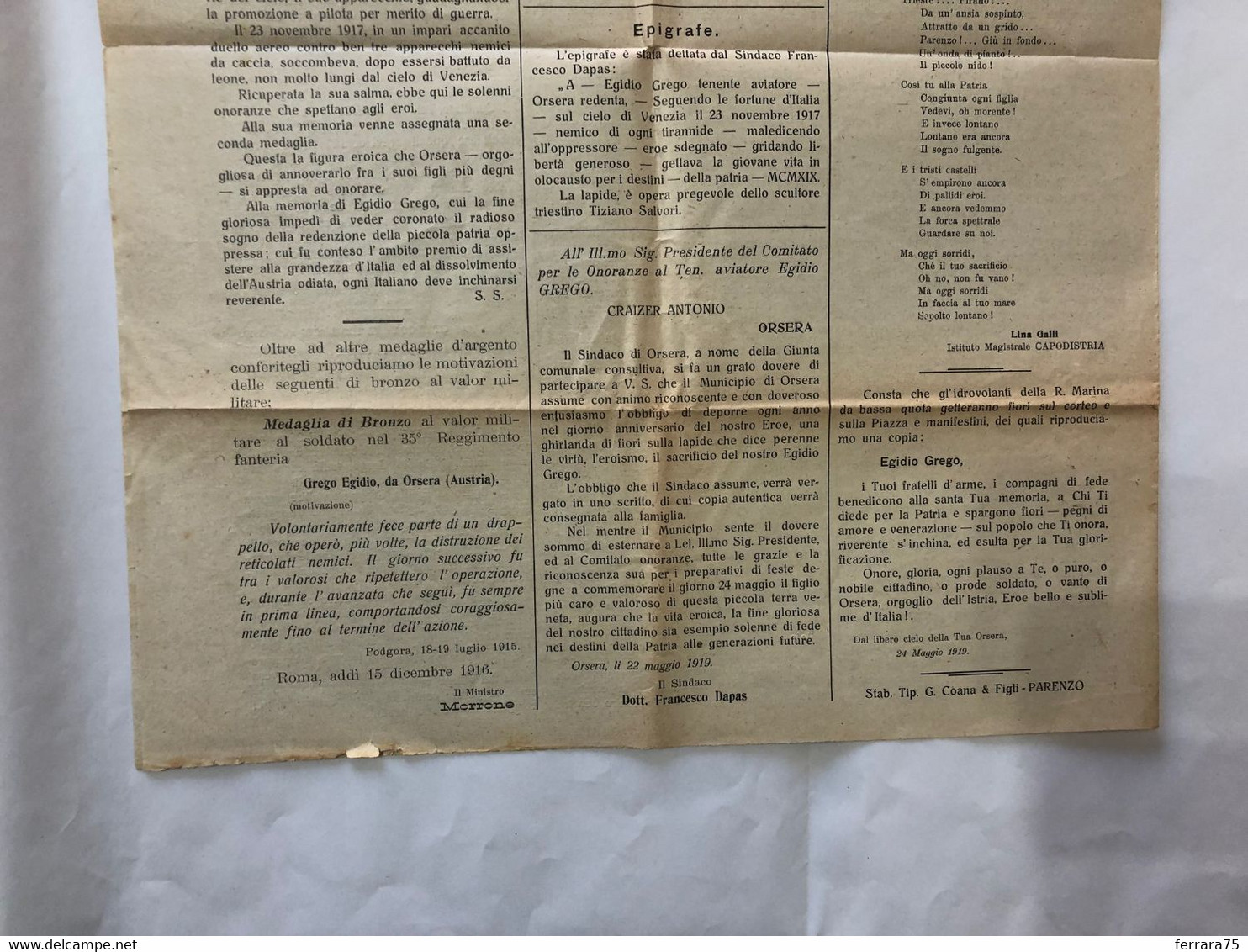 WW1 EGIDIO GREGO TEN. AVIATORE MANIFESTO GIORNALE FUNERALE  ORSERA ISTRIA 1919 4 MEDAGLIE AL VALORE