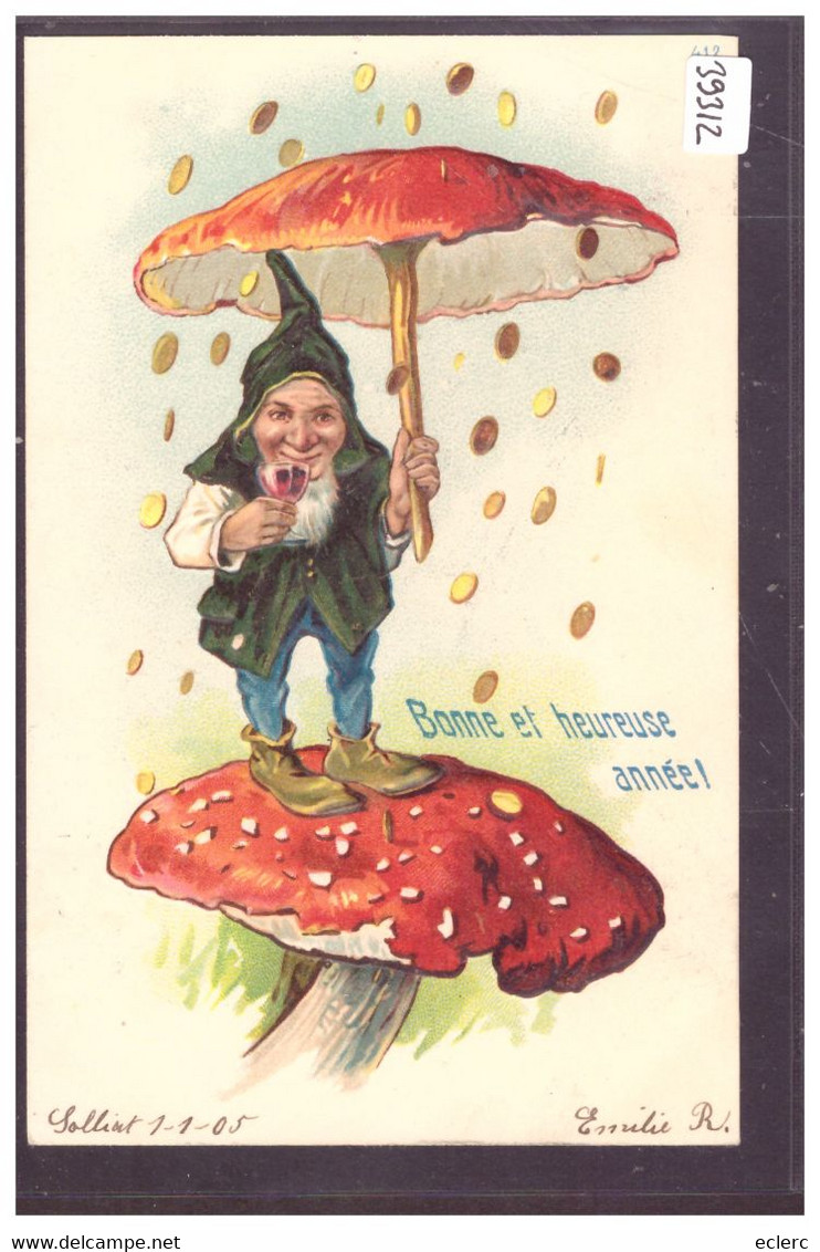 BONNE ANNEE - LUTIN - CHAMPIGNON - CARTE EN RELIEF - PRÄGE KARTE - TB - New Year