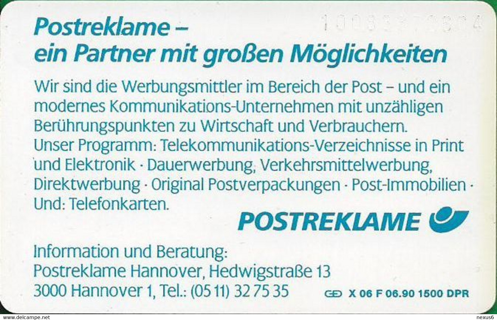 Germany - X 06F - Zeitalter 6 - Postreklame Hannover, 06.1990, 20U, 1.500ex, Used - X-Series : Pubblicitarie Della D. Postreklame