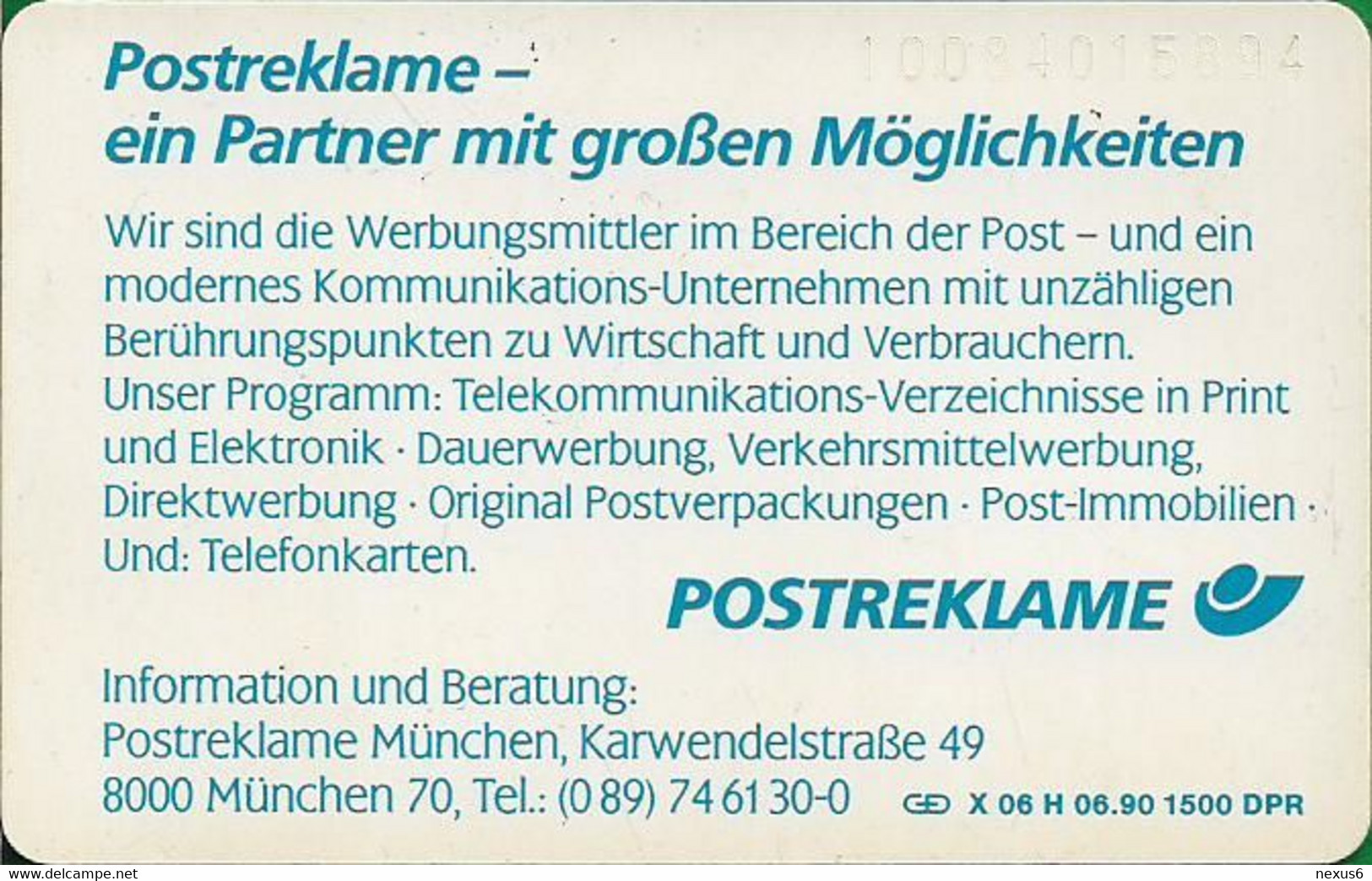 Germany - X 06H - Zeitalter 8 - Postreklame München, 06.1990, 20U, 1.500ex, Used - X-Series: Werbeserie Mit Eigenwerbung Der Dt. Postreklame GmbH