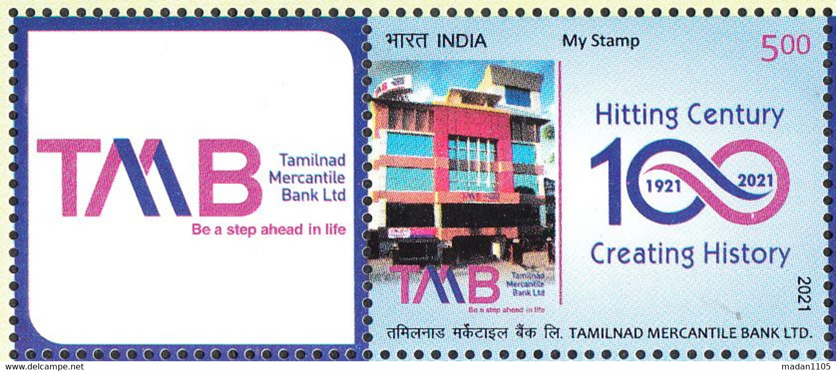 INDIA 2021 MY STAMP, TAMILNAD MERCANTILE BANK LTD, Tamilnadu, Centenary, Creating History, LIMITED ISSUE, MNH(**) - Ungebraucht