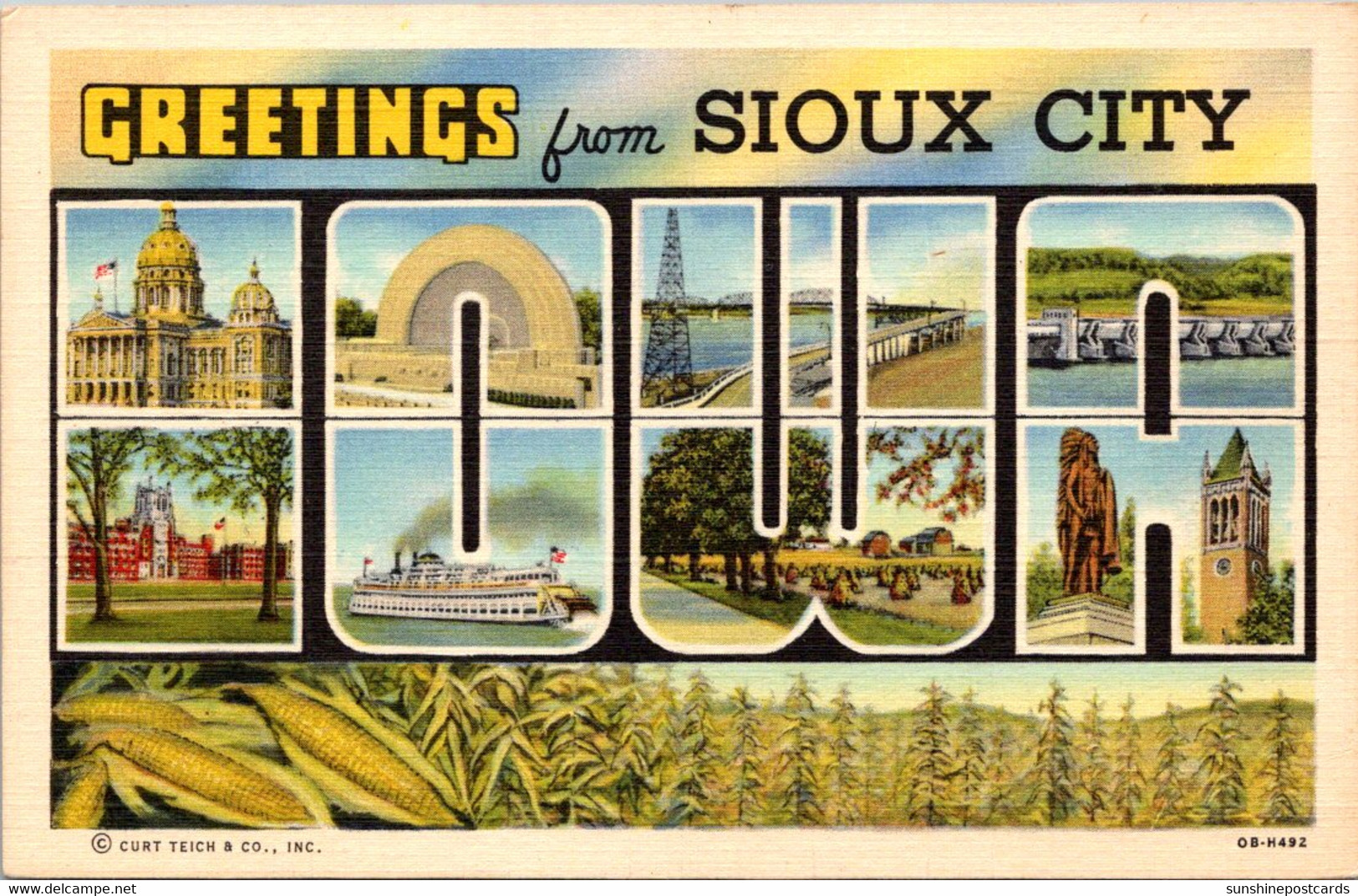 Iowa Greetings From Sioux City Large Letter Linen Curteich - Sioux City