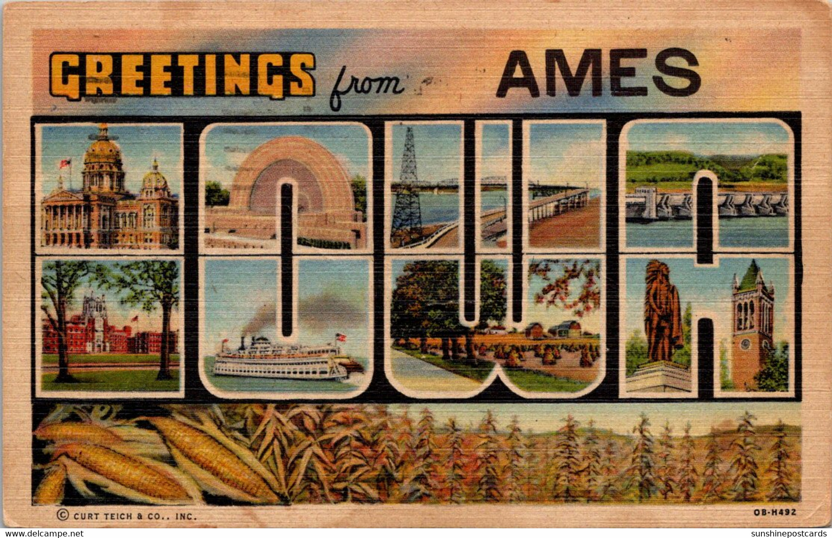 Iowa Greetings From Ames Large Letter Linen 1952 Curteich - Ames