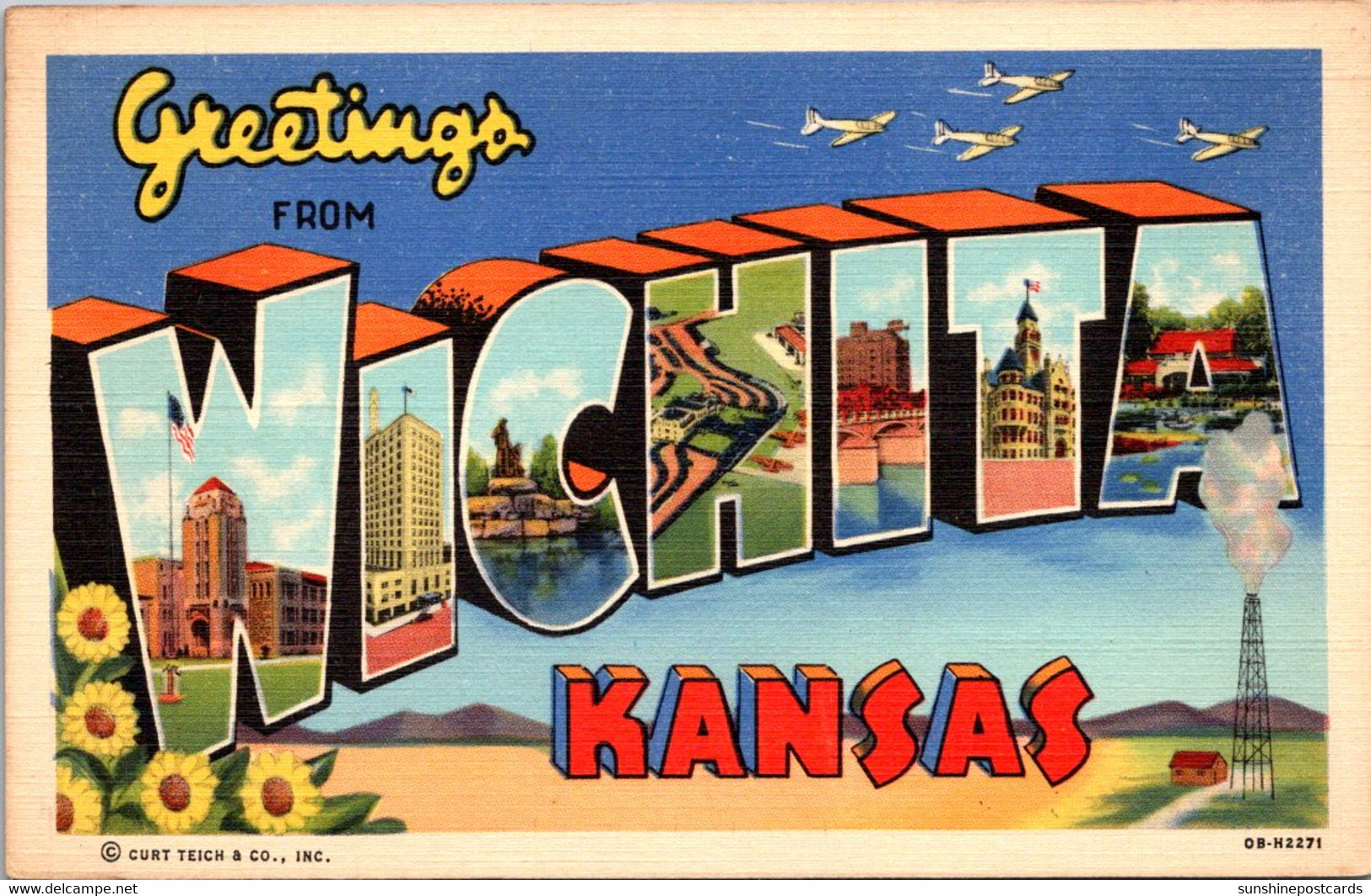 Kansas Greetings From Wichita Large Letter Linen 1944 Curteich - Wichita