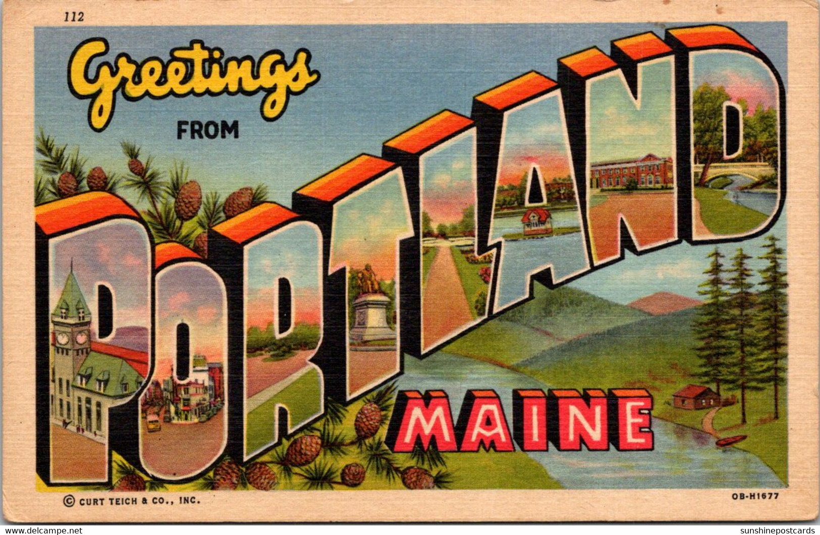 Maine Greetings From Portland Large Letter Linen 1948 Curteich - Portland
