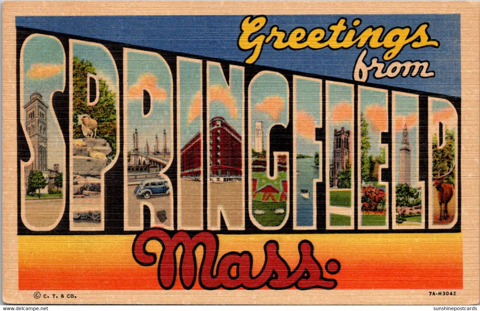 Massachusetts Greetings From Springfield Large Letter Linen 1940 Curteich - Springfield