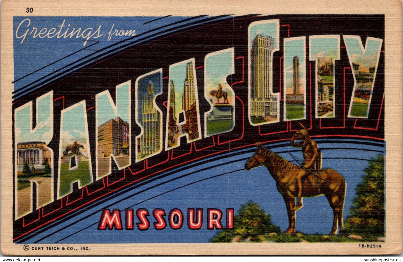 Missouri Greetings From Kansas City Large Letter Linen 1943  Curteich - Kansas City – Missouri