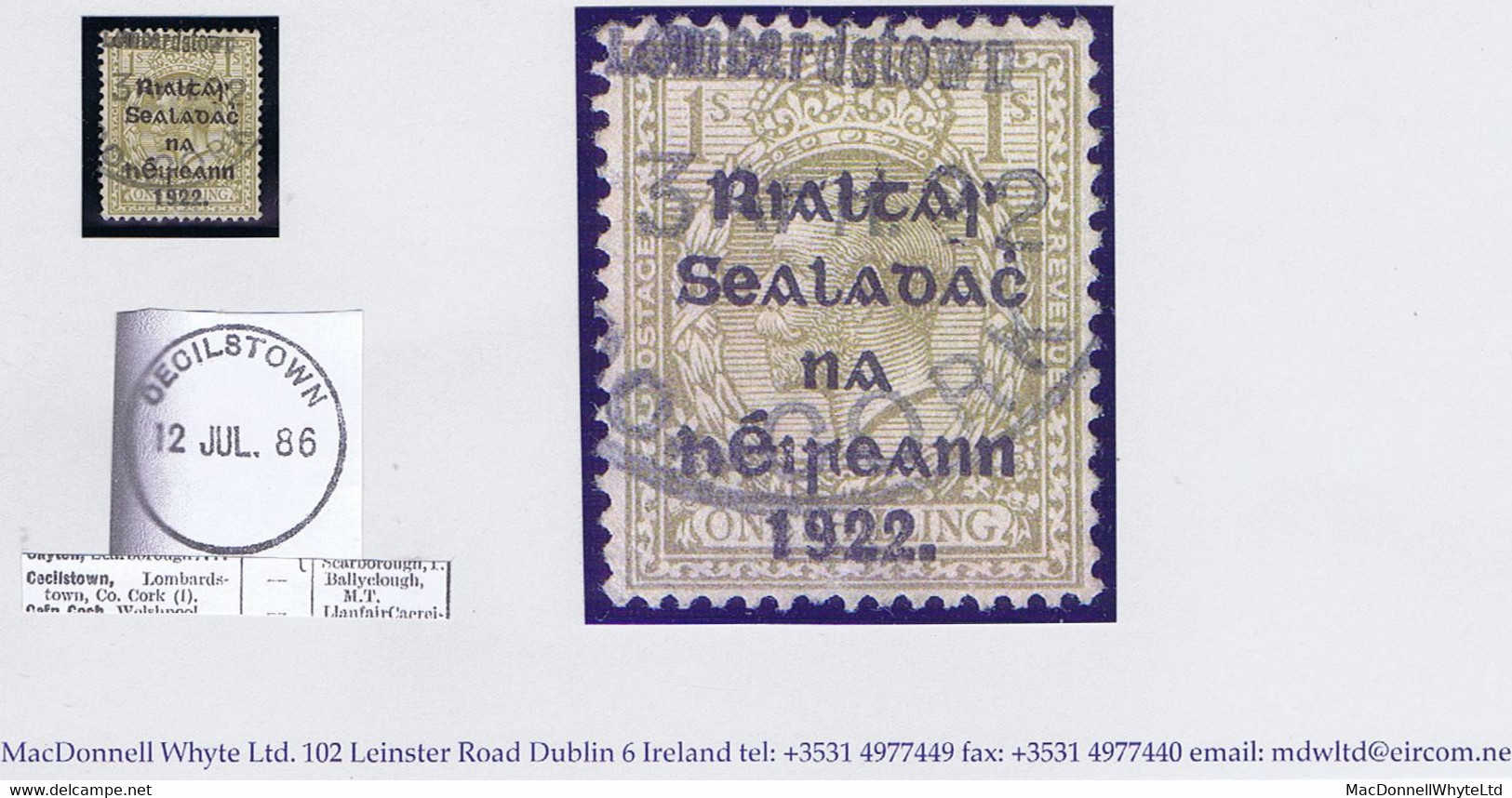 Ireland Cork 1922 Thom Rialtas Black Ovpt On 1s Bistre-brown, Rubber Climax Dater CECILSTOWN Lombardstown Co. CORK - Usati