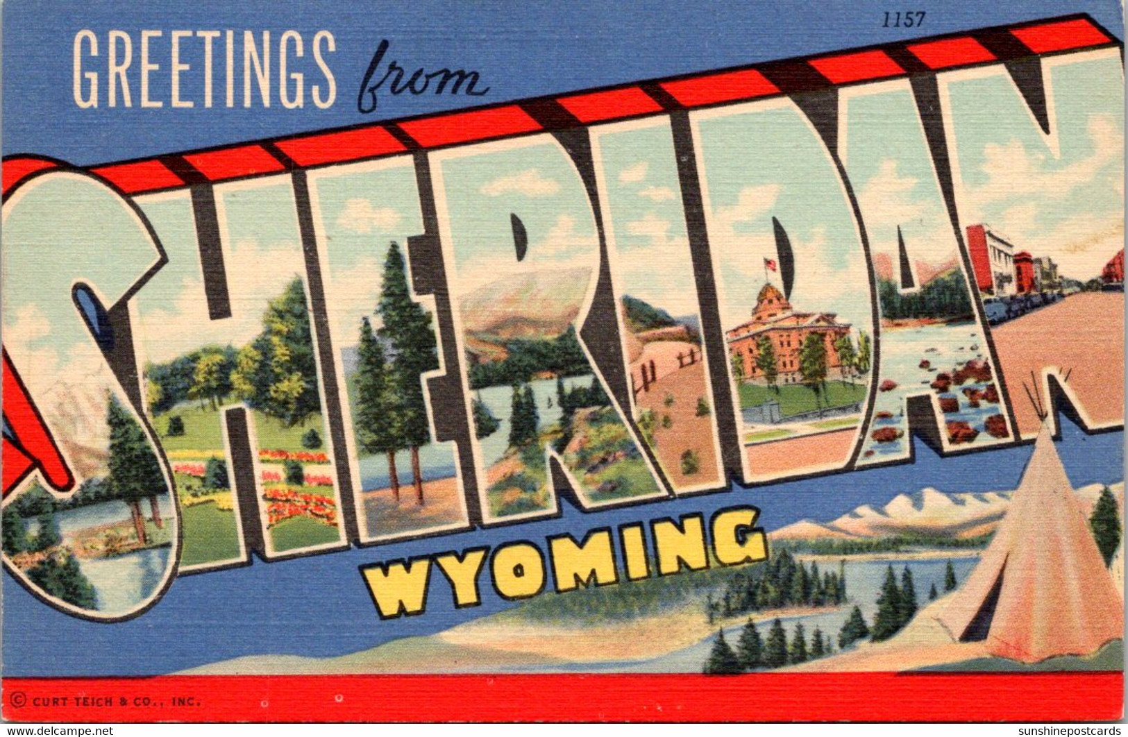 Wyoming Greetings From Sheridan Large Letter Linen Curteich - Sheridan