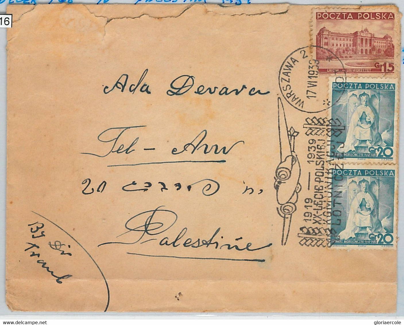 60216 - POLAND - POSTAL HISTORY - First Flight  COVER  Muller # 168 To PALESTINE - Flugzeuge