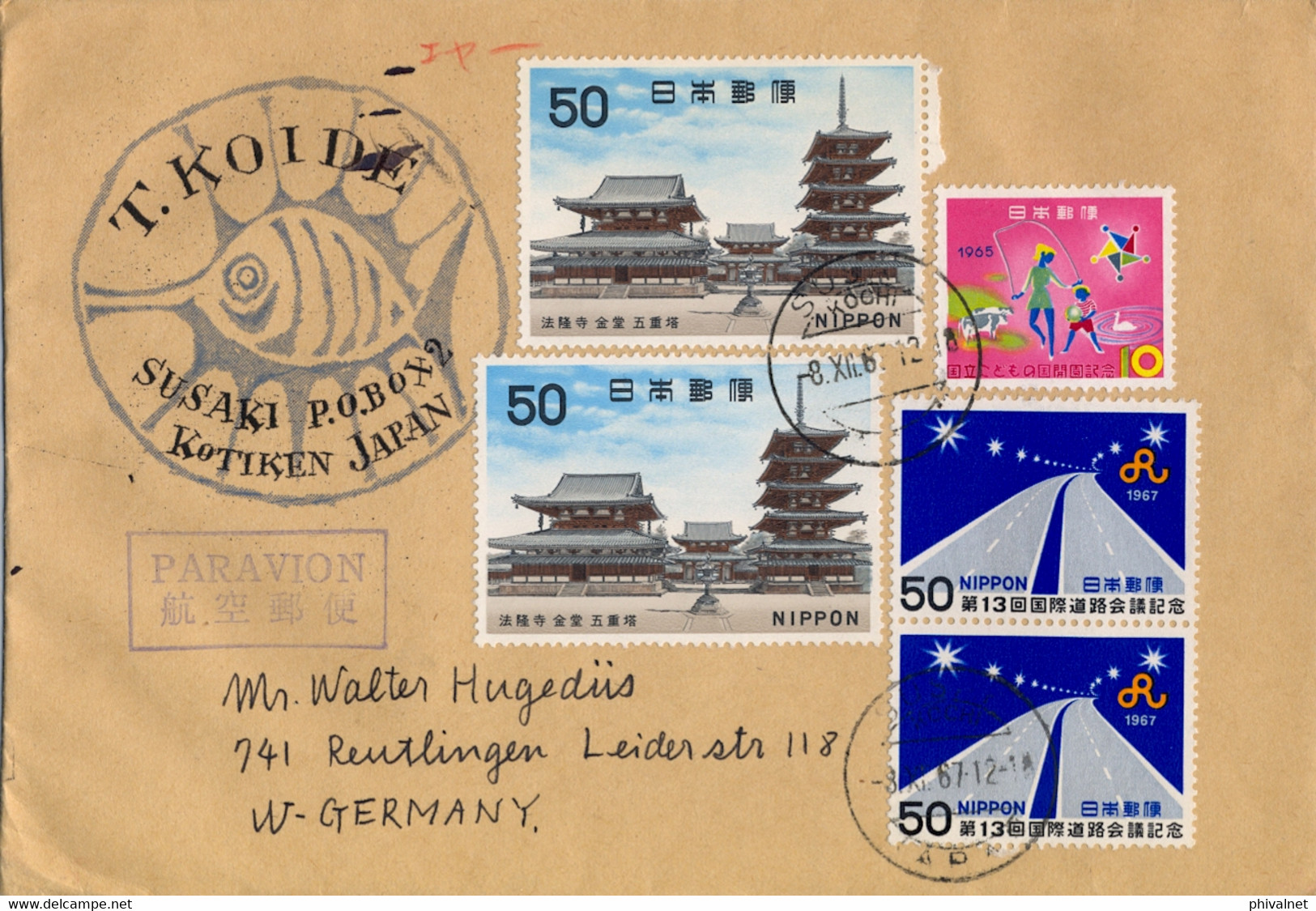 1967 , JAPÓN / JAPAN  ,  SOBRE CIRCULADO  , CORREO AÉREO ,  INFANCIA , TESOROS NACIONALES , CONGRESO DE CARRETERAS - Lettres & Documents