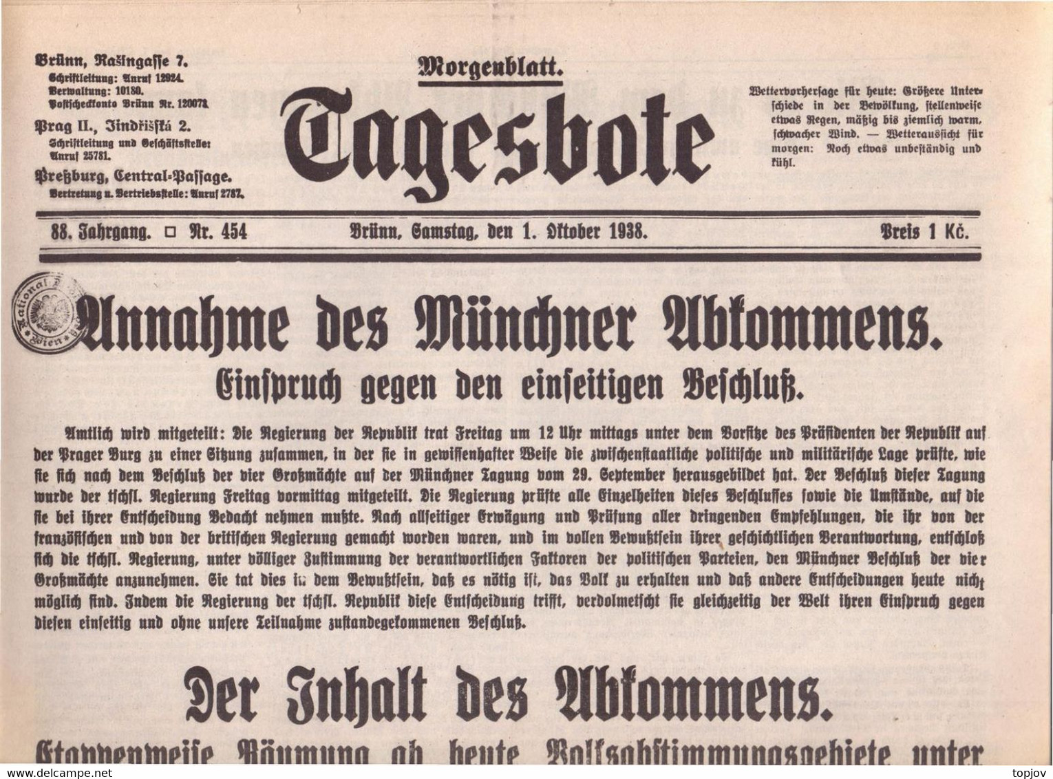 CZECHOSLOVAKIA - MORGENBATT  TAGESBOTE - KRIEG - BRÜN  BRNO - Komplette Zeitung - 1938 - Algemene Informatie