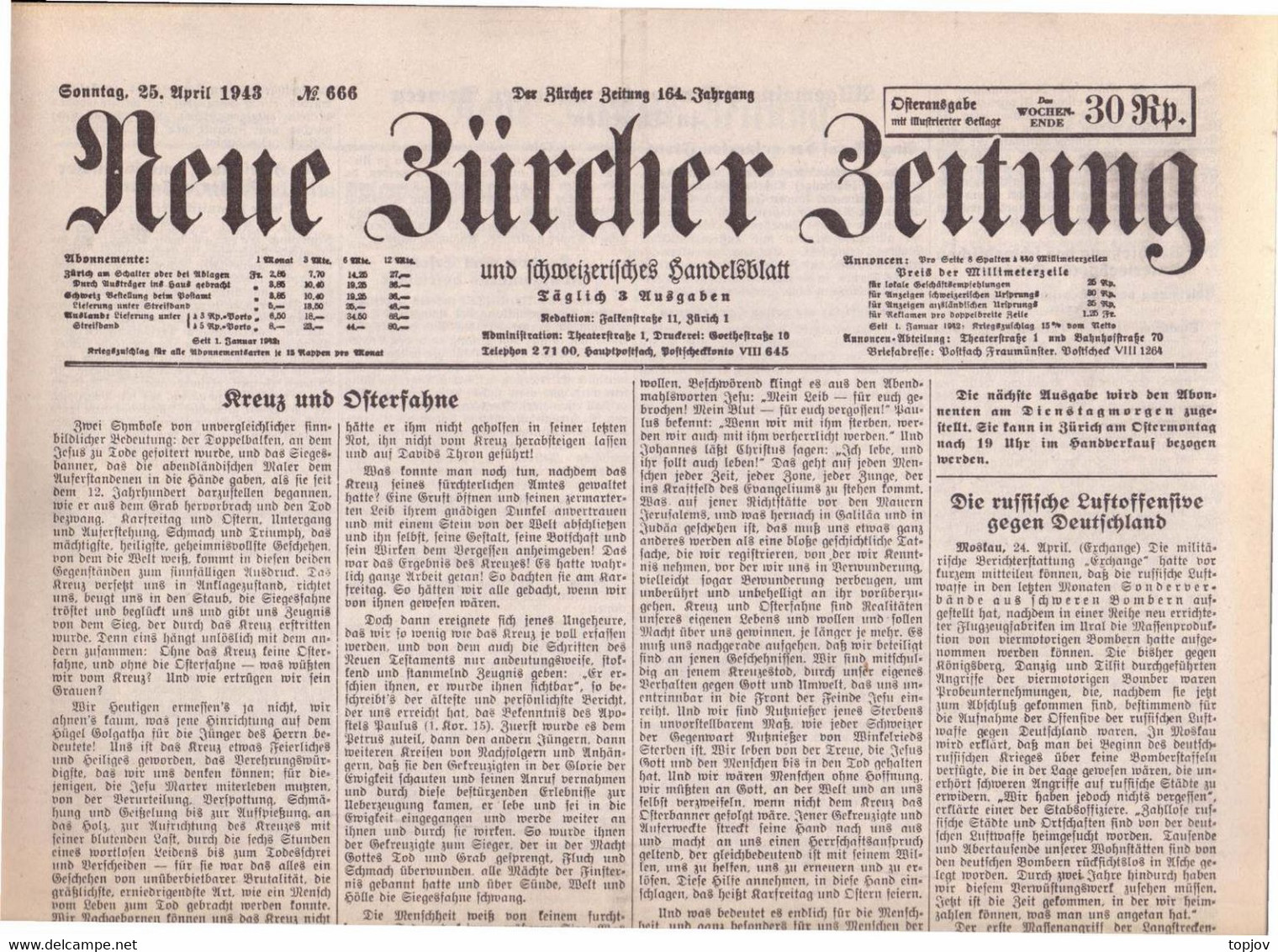 SCHWEIZ - NEUE ZÜRCHER ZEITUNG - KRIEG - ZÜRICH - Komplette Zeitung - 1943 - Informations Générales