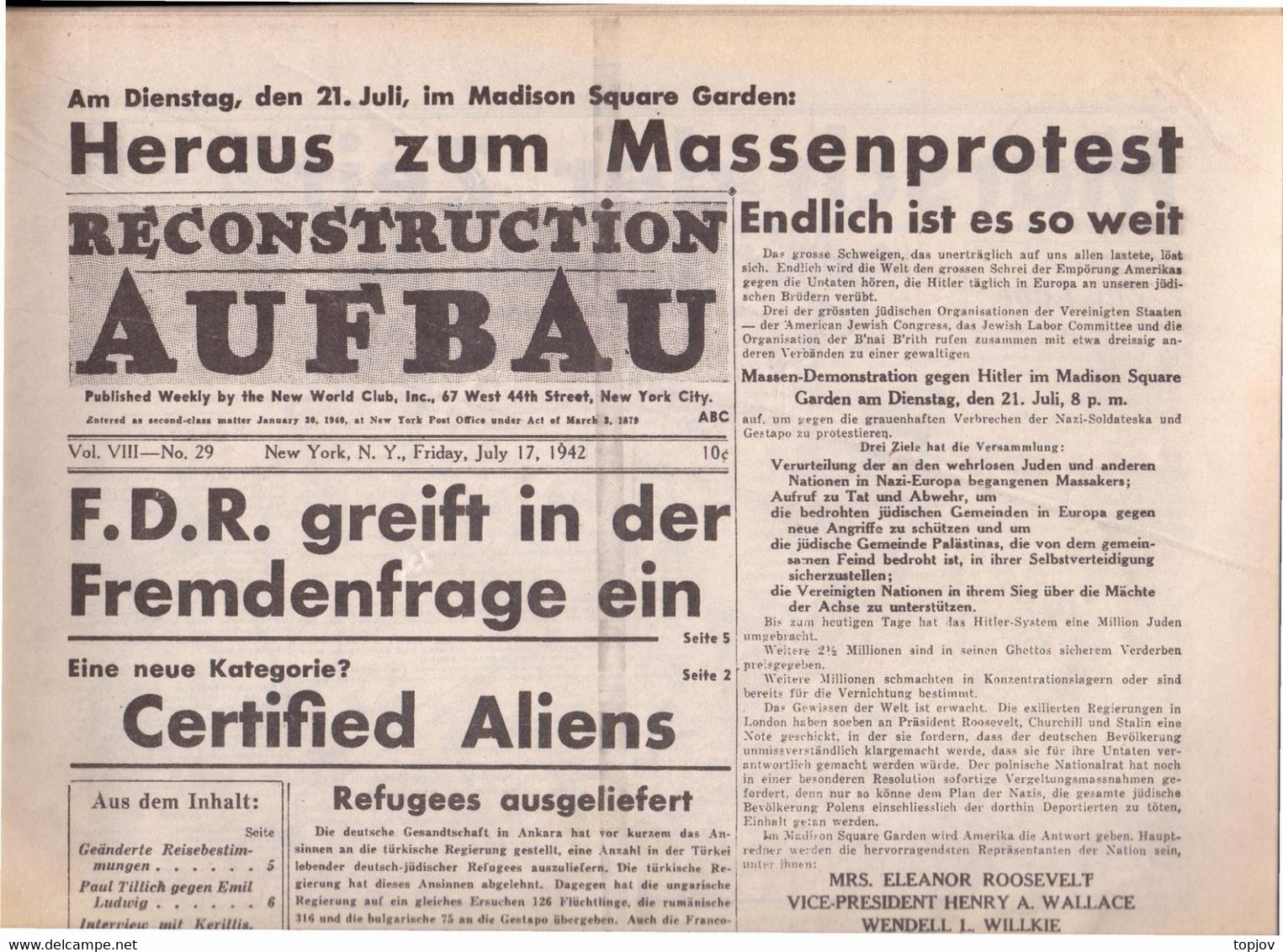 USA - DIE JÜDISCHE WELT  AUFBAU - KRIEG - NEW YORK - Komplette Zeitung - 1942 - Allgemeine Literatur