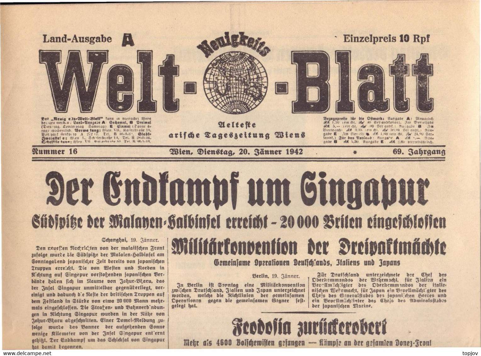 AUSTRIA -  WELT  BLATT - KRIEG  Um SINGAPUR - WIEN - Komplette Zeitung - 1942 - General Issues