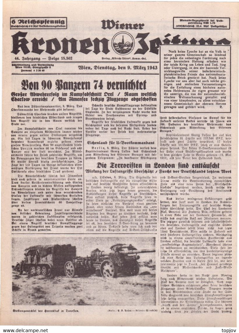 AUSTRIA -  WIENER  KRONEN  ZEITUNG  - KRIEG  TUNIS  - WIEN  - Komplette Zeitung - 1943 - Allgemeine Literatur