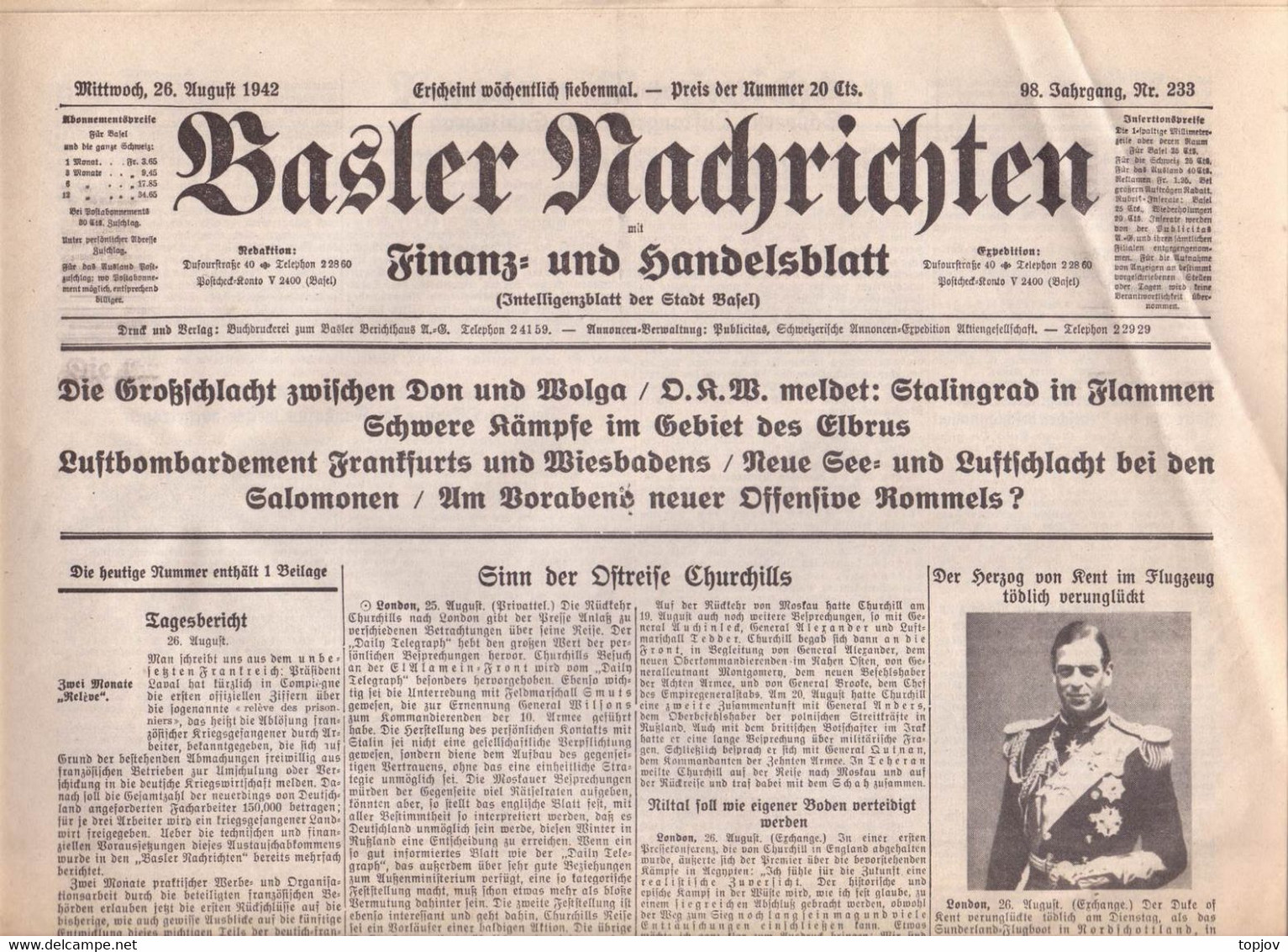 SCHWEIZ -  BASLER  NACHRICHTEN  ZEITUNG  - KRIEG - BASEL  - Komplette Zeitung - 1942 - Informaciones Generales