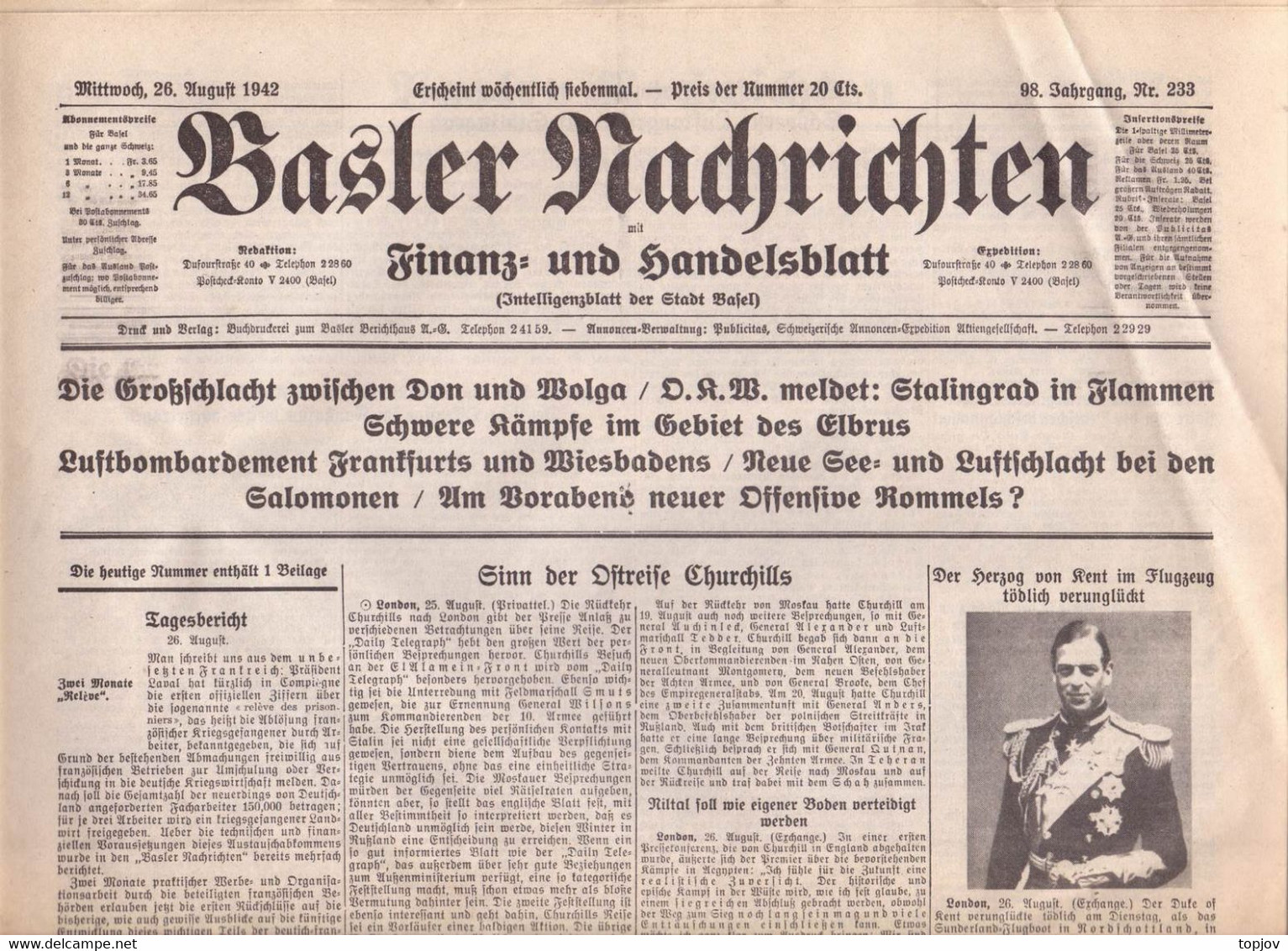 SCHWEIZ -  BASLER  NACHRICHTEN  ZEITUNG  - KRIEG - BASEL  - Komplette Zeitung - 1942 - General Issues