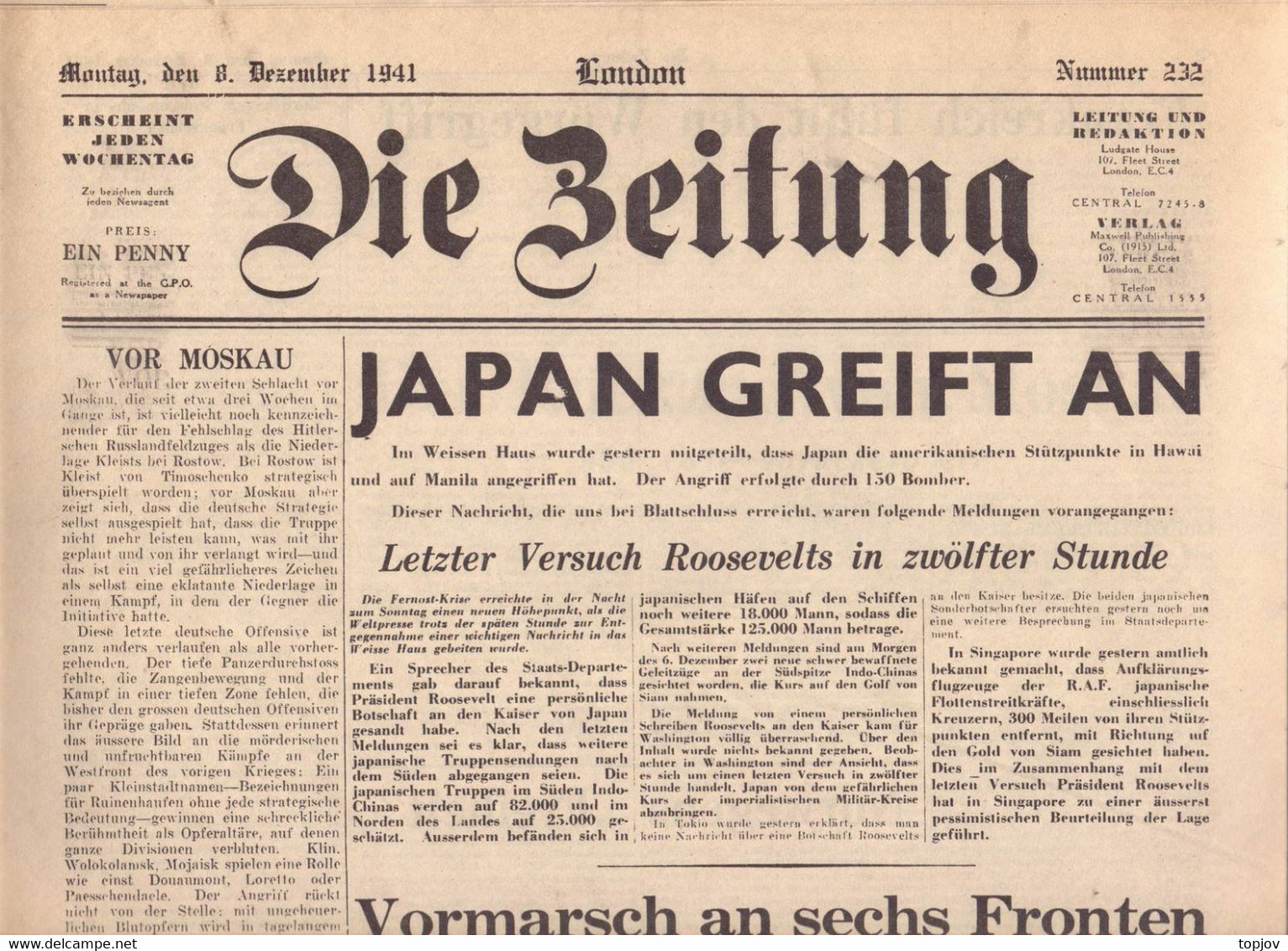 ENGLAND -  DIE  ZEITUNG  - KRIEG  JAPAN  THAI  U501 - LONDON  - Komplette Zeitung - 1941 - Informations Générales